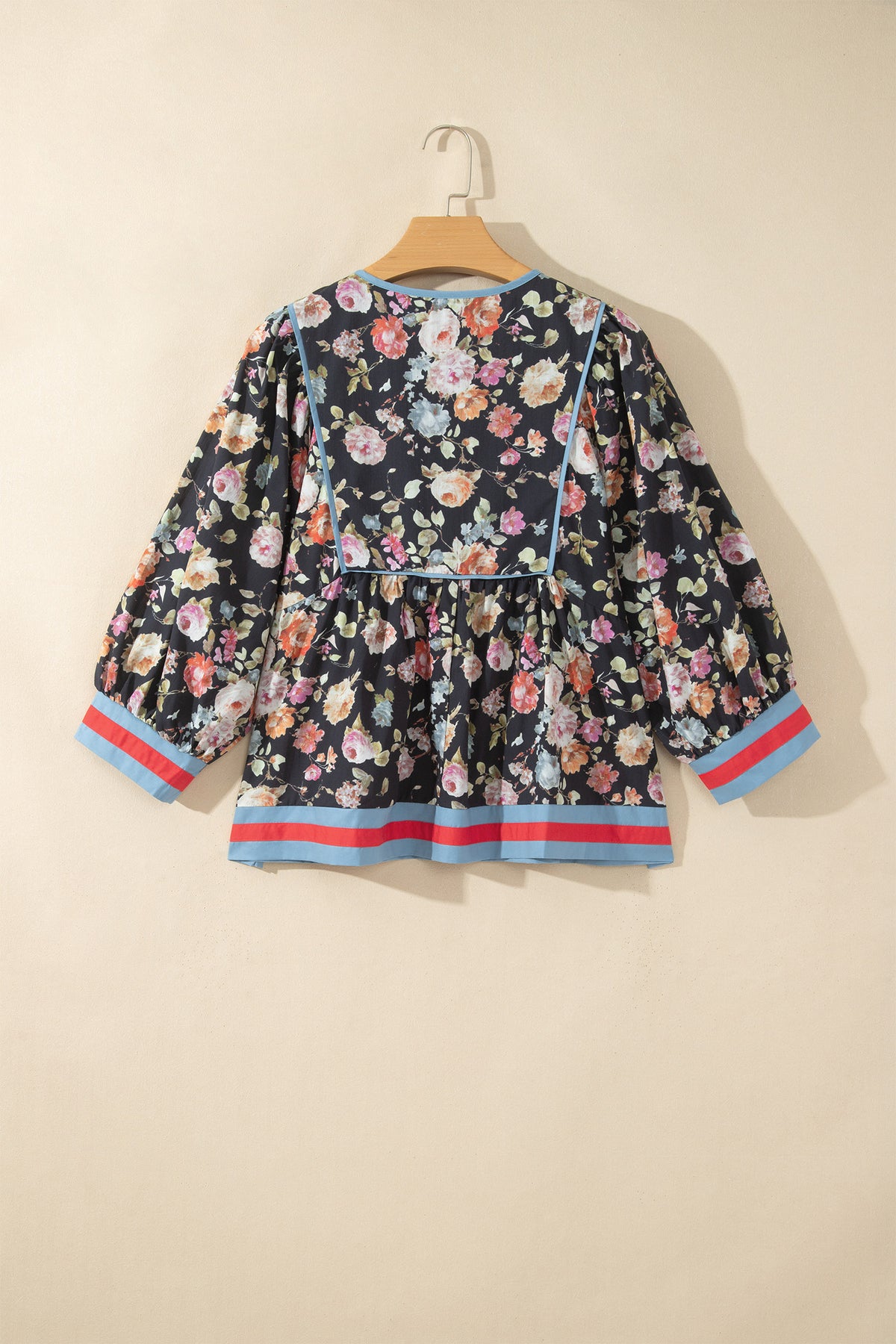 Black Floral Print Contrast Trim Tie V Neck Bracelet Sleeve Blouse-Bracelet-[Adult]-[Female]-2022 Online Blue Zone Planet