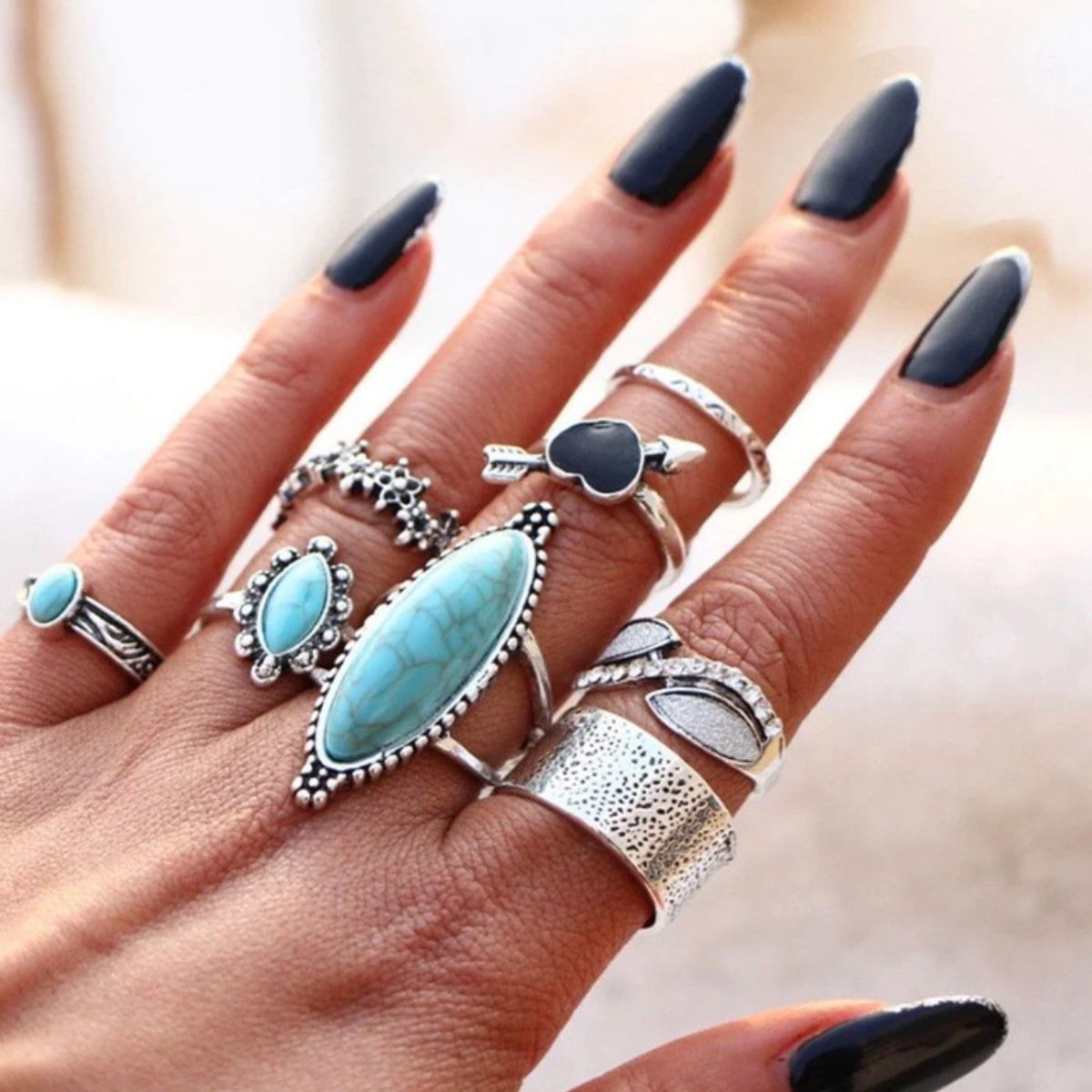 Turquoise Alloy 8-Piece Ring Set-RINGS-[Adult]-[Female]-Silver-One Size-2022 Online Blue Zone Planet