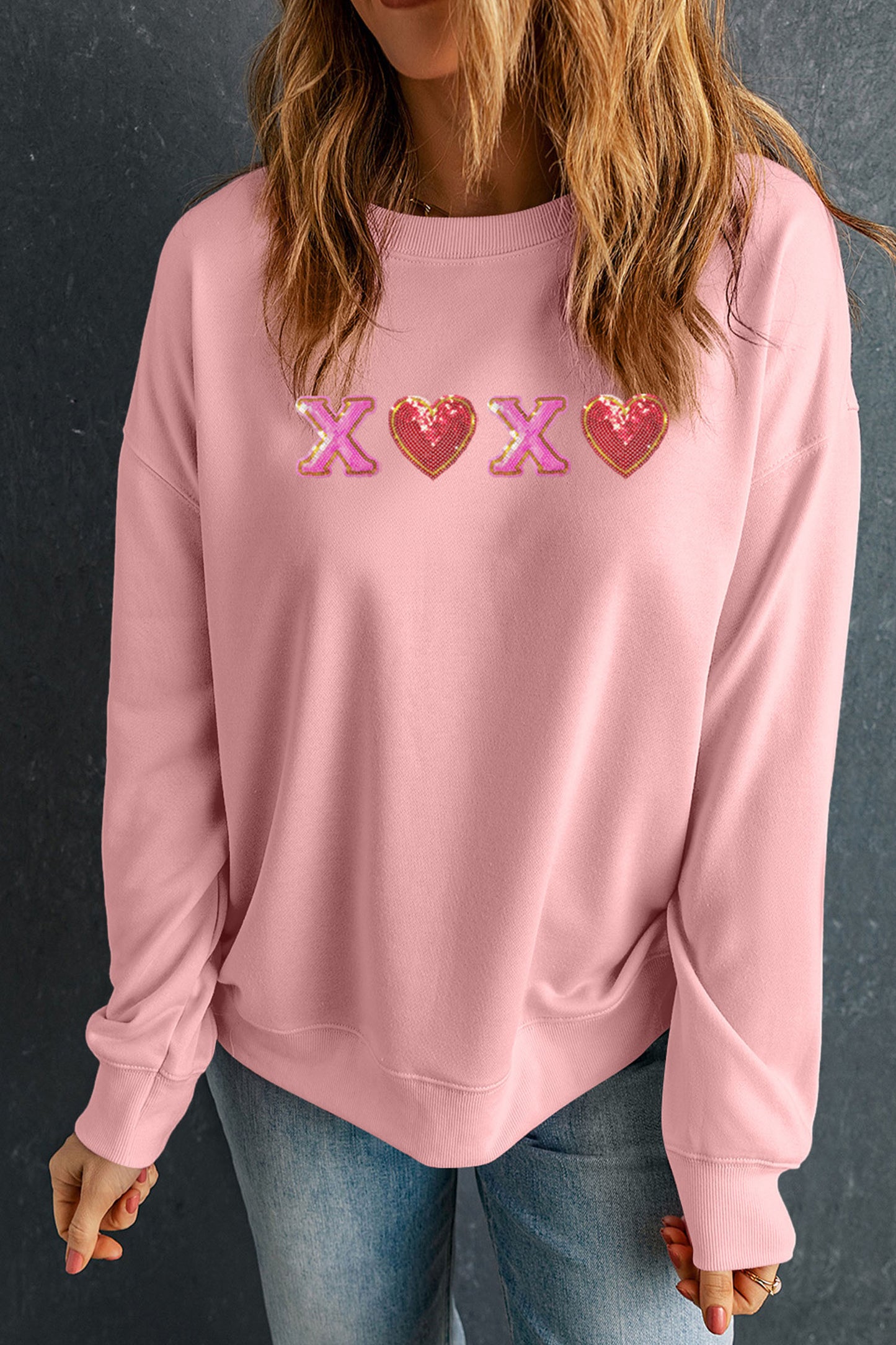 Pink XOXO Sequin Heart Patched Valentines Day Drop Shoulder Sweatshirt-Graphic Sweatshirts-[Adult]-[Female]-2022 Online Blue Zone Planet