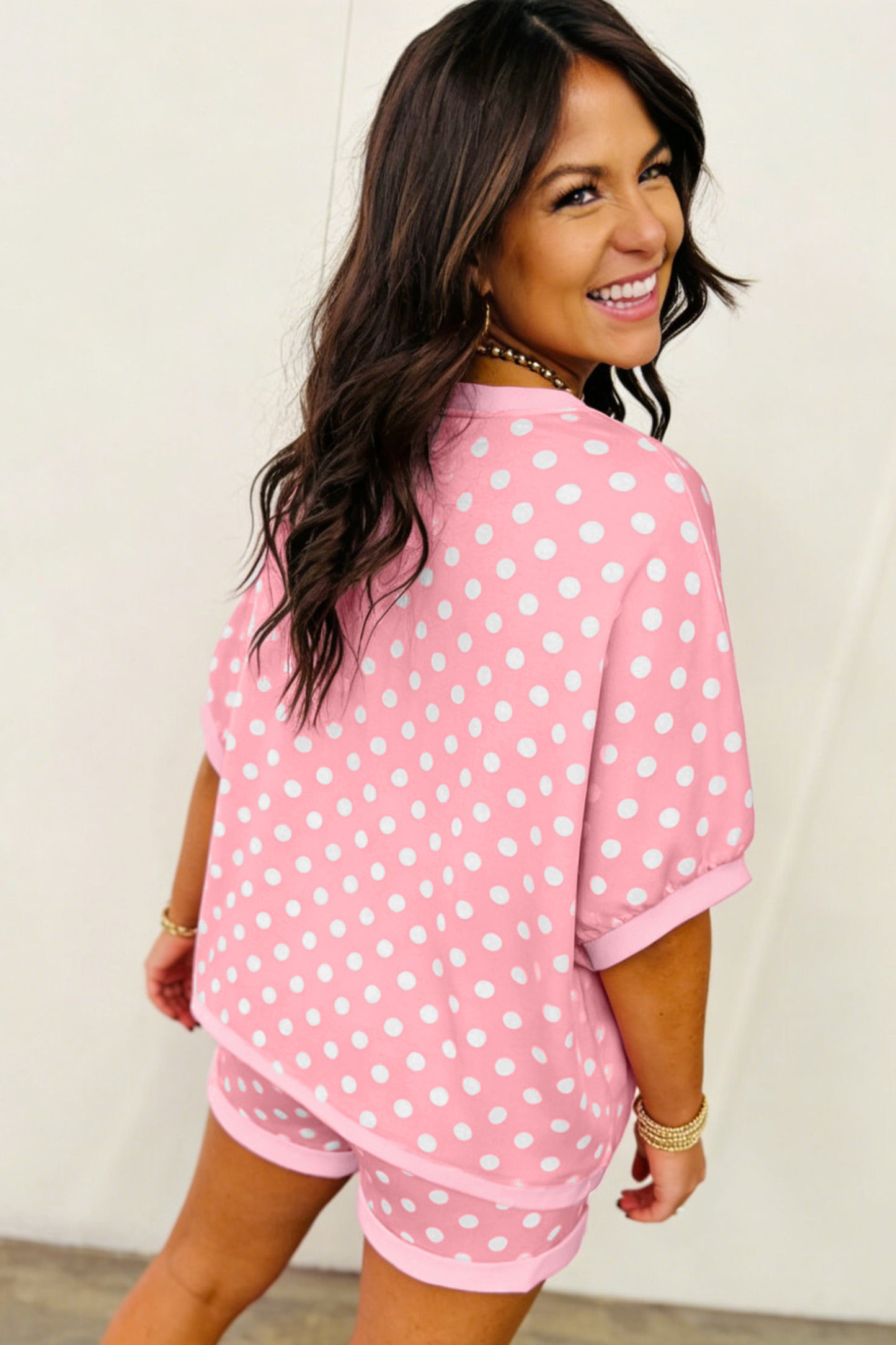 Sky Blue Polka Dot Oversized Top Drawstring Short Set-Two Piece Sets/Short Sets-[Adult]-[Female]-2022 Online Blue Zone Planet
