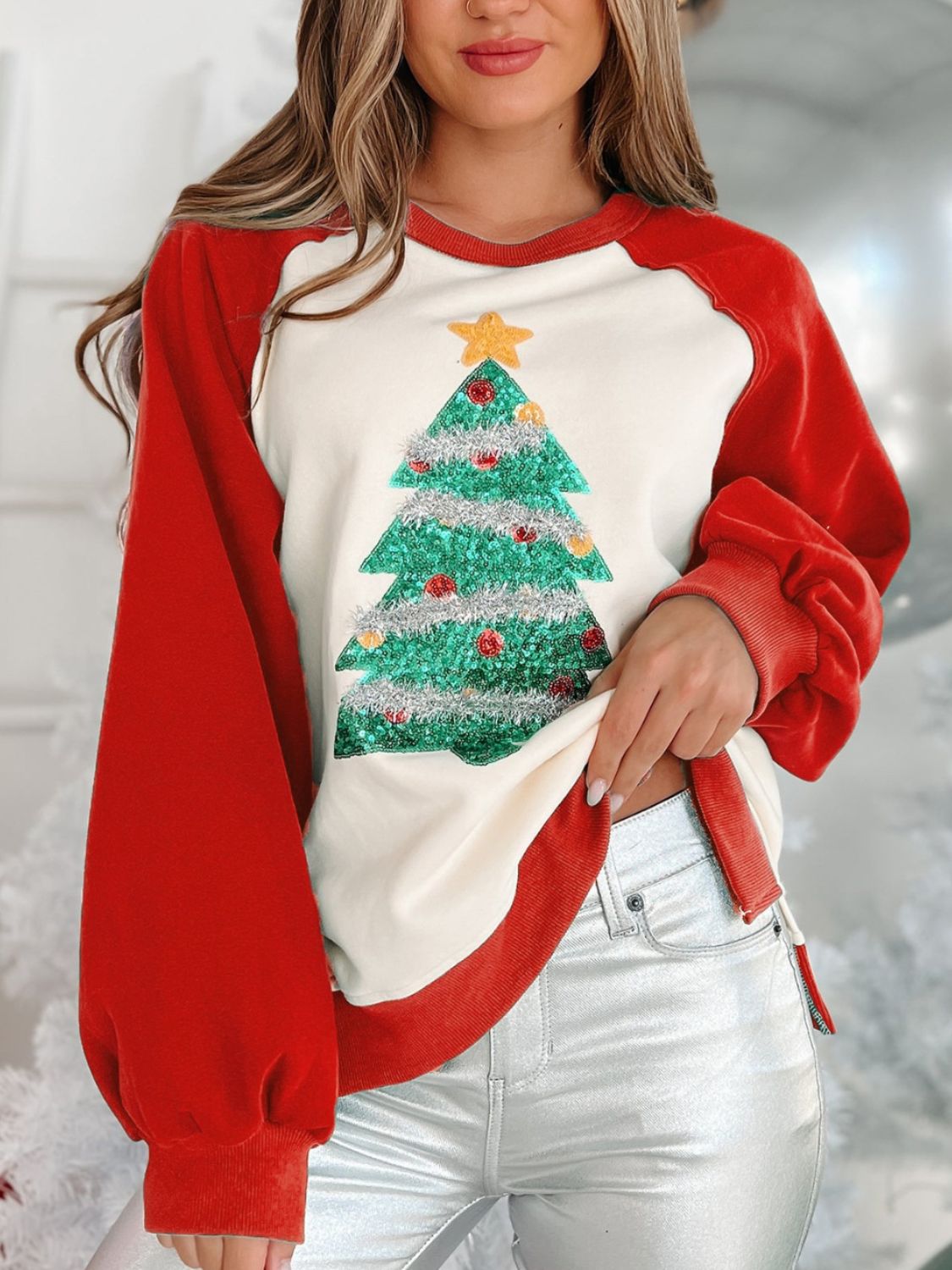 Blue Zone Planet | Christmas Tree Long Sleeve Sweatshirt-TOPS / DRESSES-[Adult]-[Female]-Orange-Red-S-2022 Online Blue Zone Planet