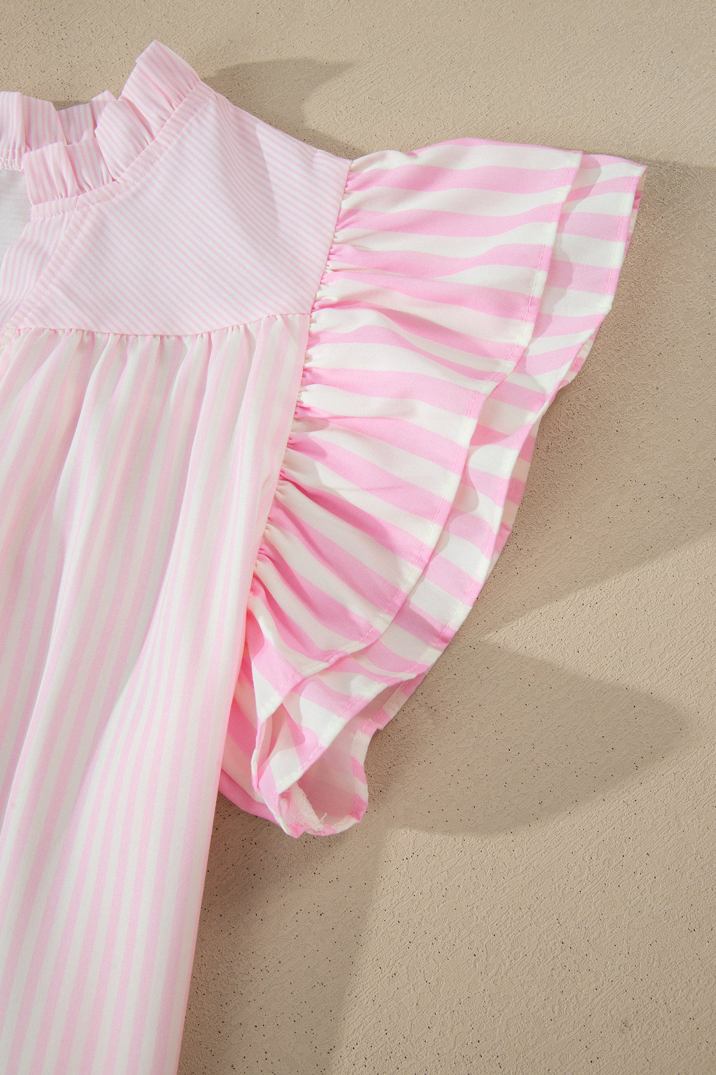 Pink Stripe Contrast Trim V Neck Flutter Sleeve Blouse-Tops/Blouses & Shirts-[Adult]-[Female]-2022 Online Blue Zone Planet