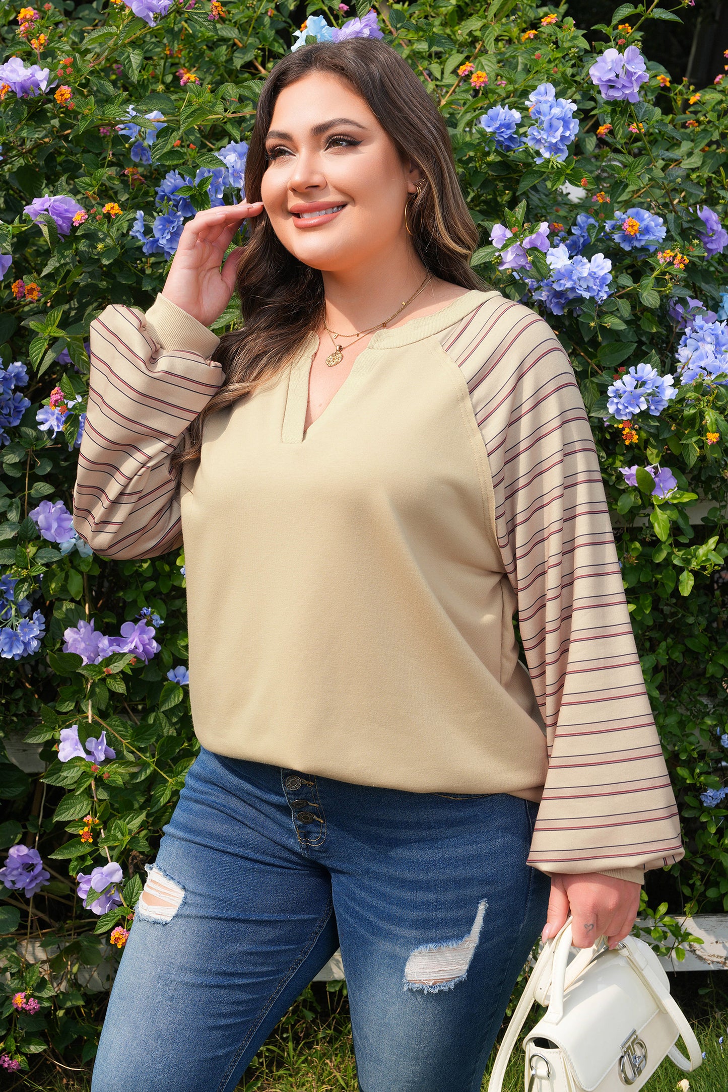 Parchment Striped Raglan Sleeve Notched Neck Raw Edge Plus Size Jumper-Plus Size/Plus Size Tops/Plus Size Long Sleeve Tops-[Adult]-[Female]-2022 Online Blue Zone Planet