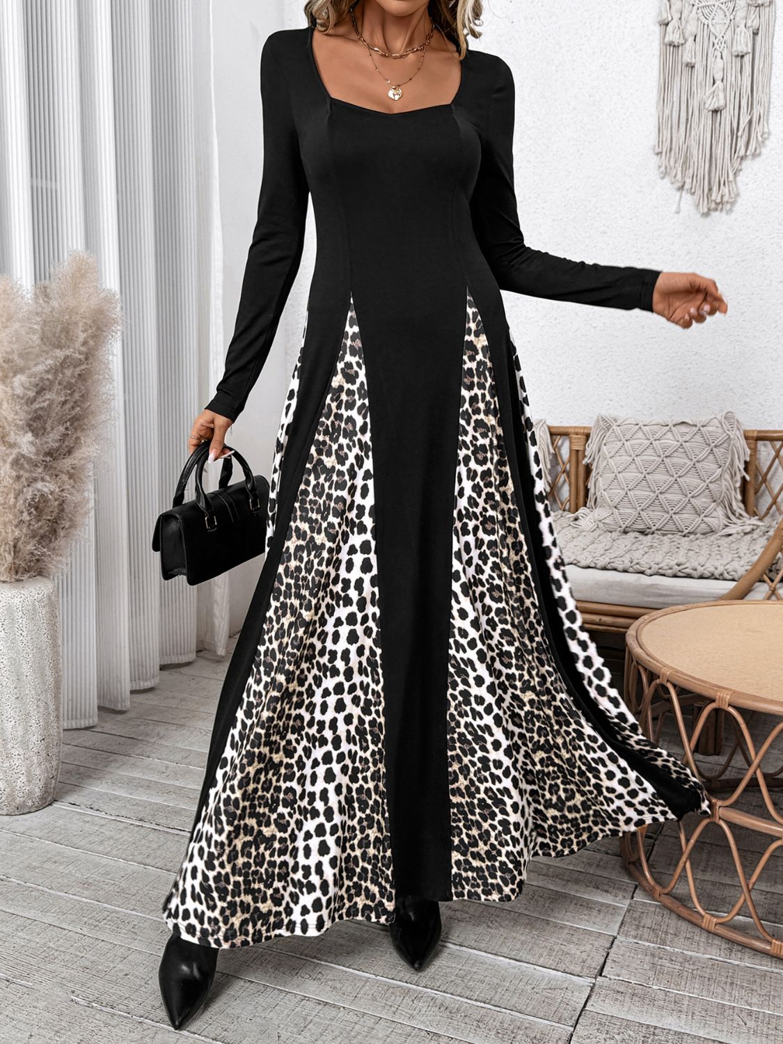 Perfee Leopard Square Neck Long Sleeve Maxi Dress-TOPS / DRESSES-[Adult]-[Female]-2022 Online Blue Zone Planet