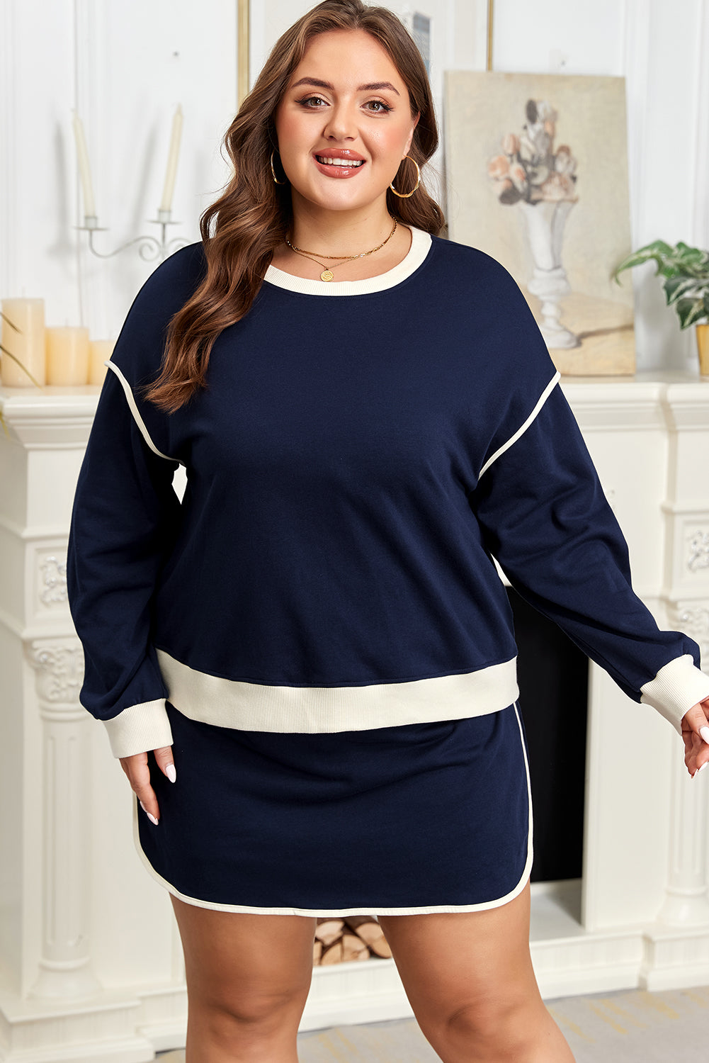 Navy Blue Plus Color Block Drop Shoulder Top and Lace-up Skirt Outfit-Plus Size/Plus Size Loungewear-[Adult]-[Female]-2022 Online Blue Zone Planet