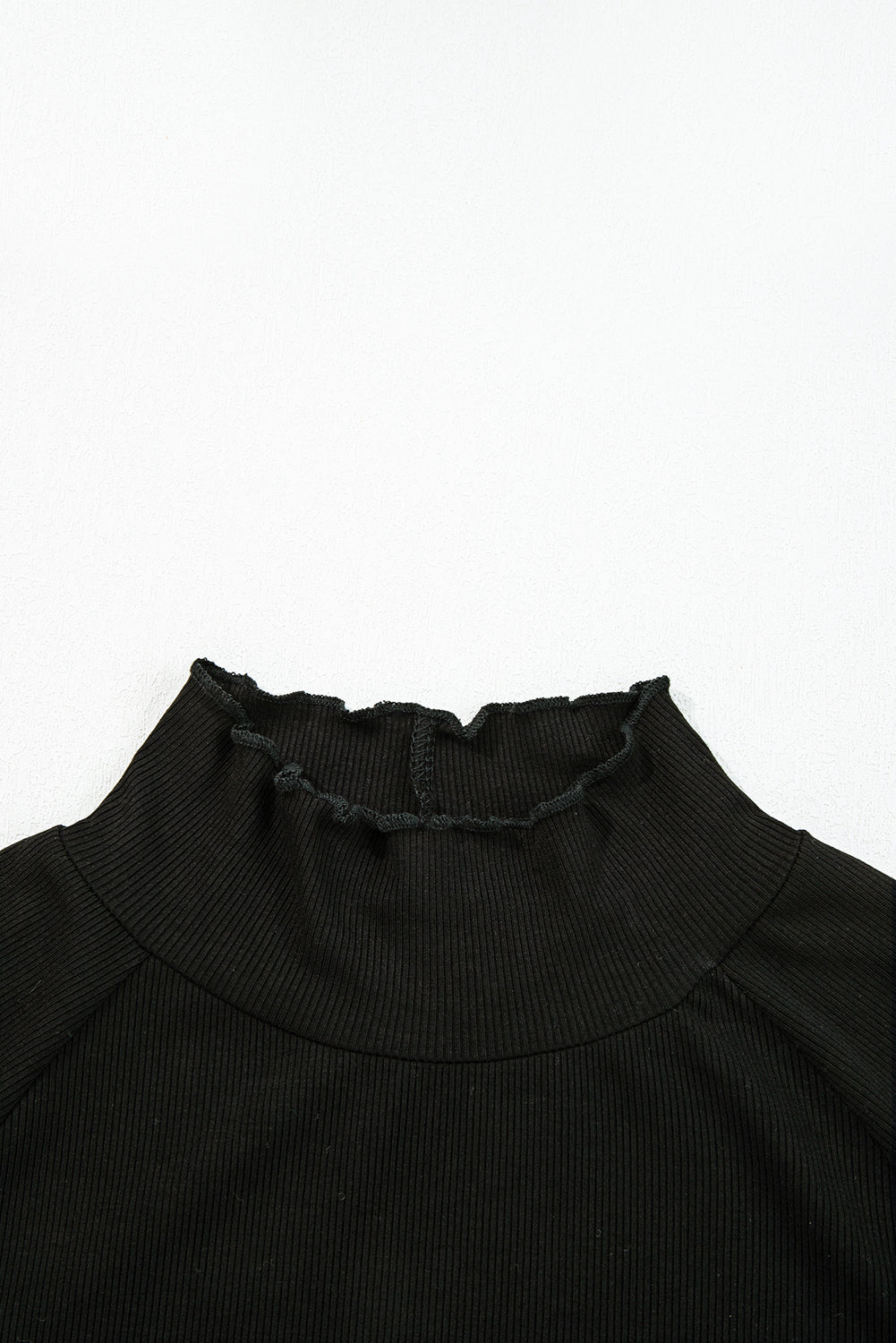 Black Ribbed Knit Lettuce Trim High Neck Long Sleeve Top-TOPS / DRESSES-[Adult]-[Female]-2022 Online Blue Zone Planet