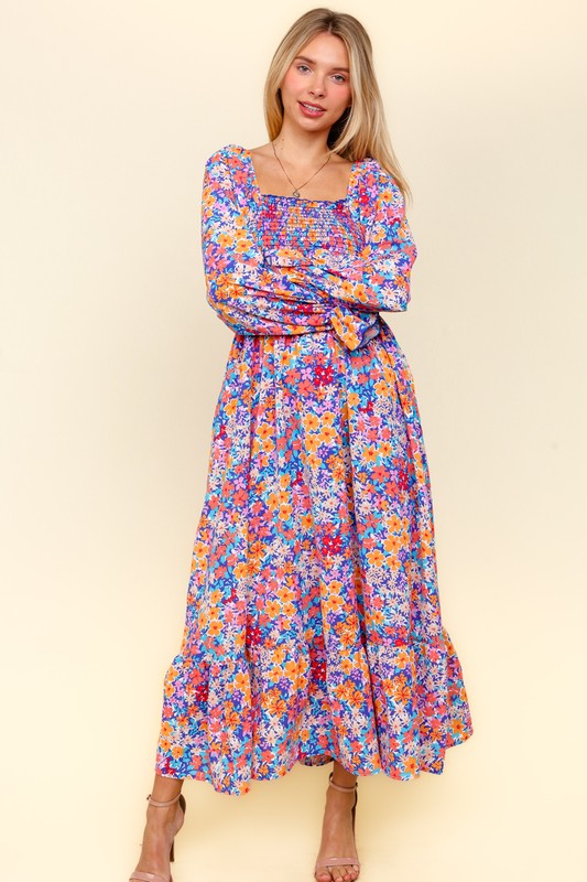 Haptics Smocked Floral Square Neck Flounce Sleeve Dress-TOPS / DRESSES-[Adult]-[Female]-Lavender/Coral-S-2022 Online Blue Zone Planet