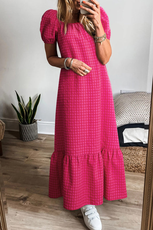 Rose Ginham Check Bubble Sleeve Ruffled Maxi Dress-Dresses/Maxi Dresses-[Adult]-[Female]-Rose-S-2022 Online Blue Zone Planet