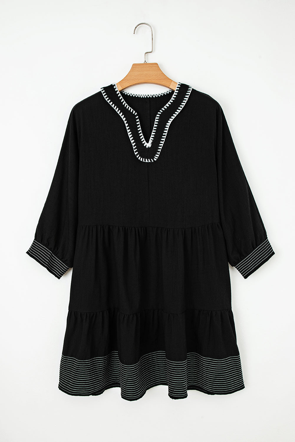 Black Contrast Stitched V Neck 3/4 Sleeve Swing Mini Dress