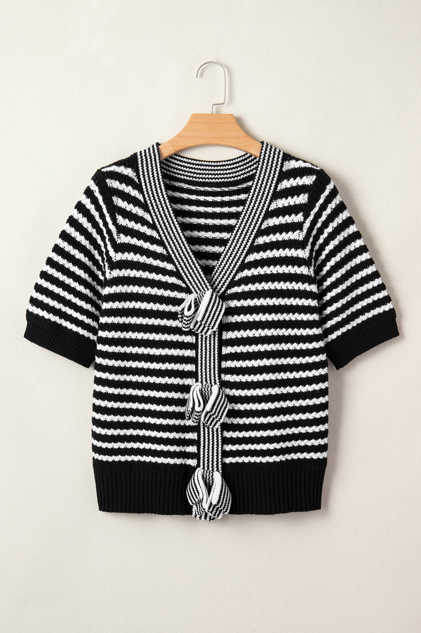 Black Stripe Short Sleeve Knit V Neck Bow Knot Sweater-TOPS / DRESSES-[Adult]-[Female]-2022 Online Blue Zone Planet