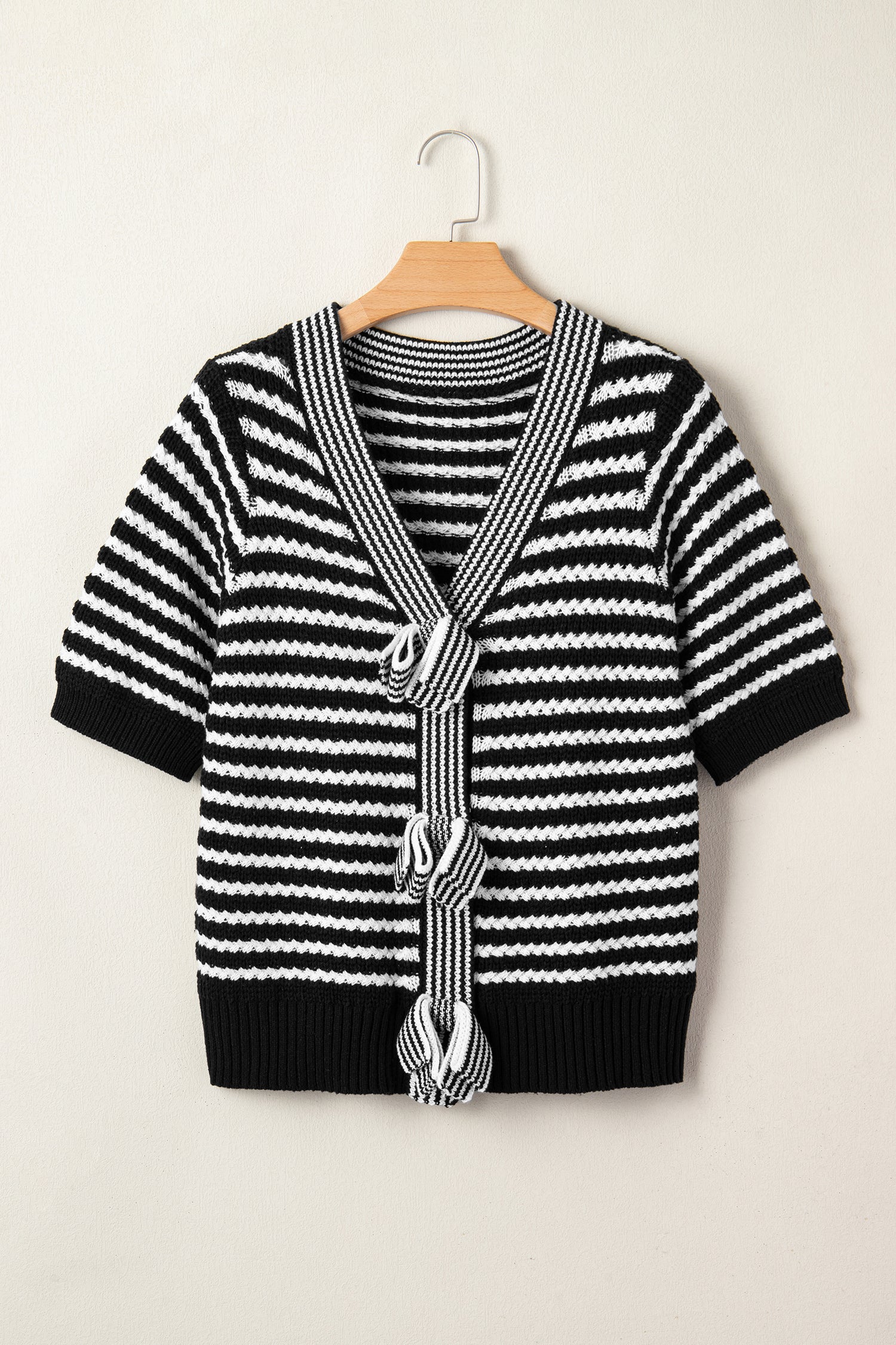 Black Stripe Short Sleeve Knit V Neck Bow Knot Sweater-TOPS / DRESSES-[Adult]-[Female]-2022 Online Blue Zone Planet
