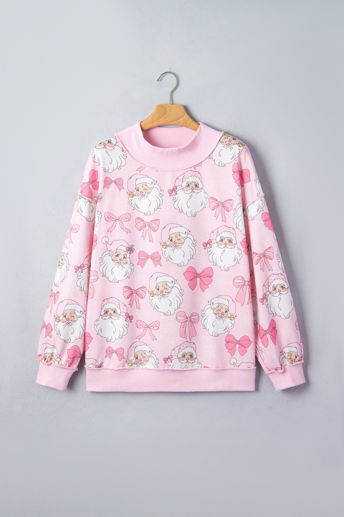 Pink Abstract Santa Print Drop Shoulder High Neck Sweatshirt