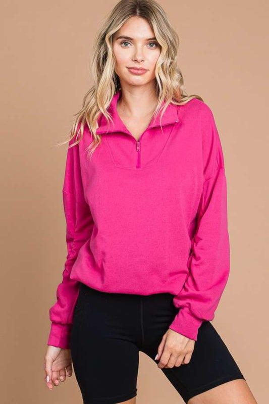 Blue Zone Planet | Culture Code Full Size Half Zip Long Sleeve Sweatshirt-TOPS / DRESSES-[Adult]-[Female]-SATINROSE-S-2022 Online Blue Zone Planet