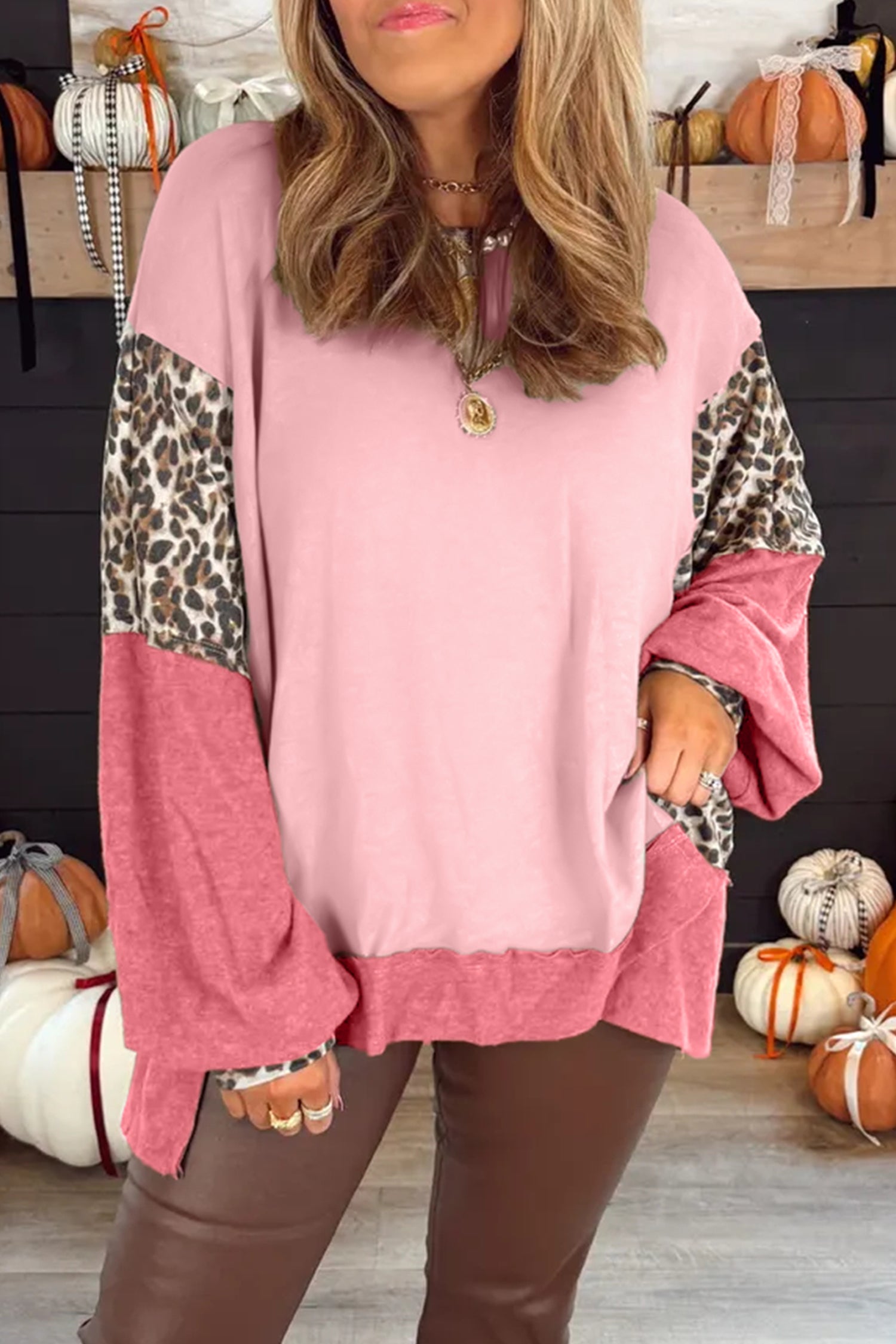 Light Pink Color Block Leopard Patchwork Dolman Sleeve High Low Baggy Sweatshirt-Tops/Sweatshirts & Hoodies-[Adult]-[Female]-Light Pink-S-2022 Online Blue Zone Planet