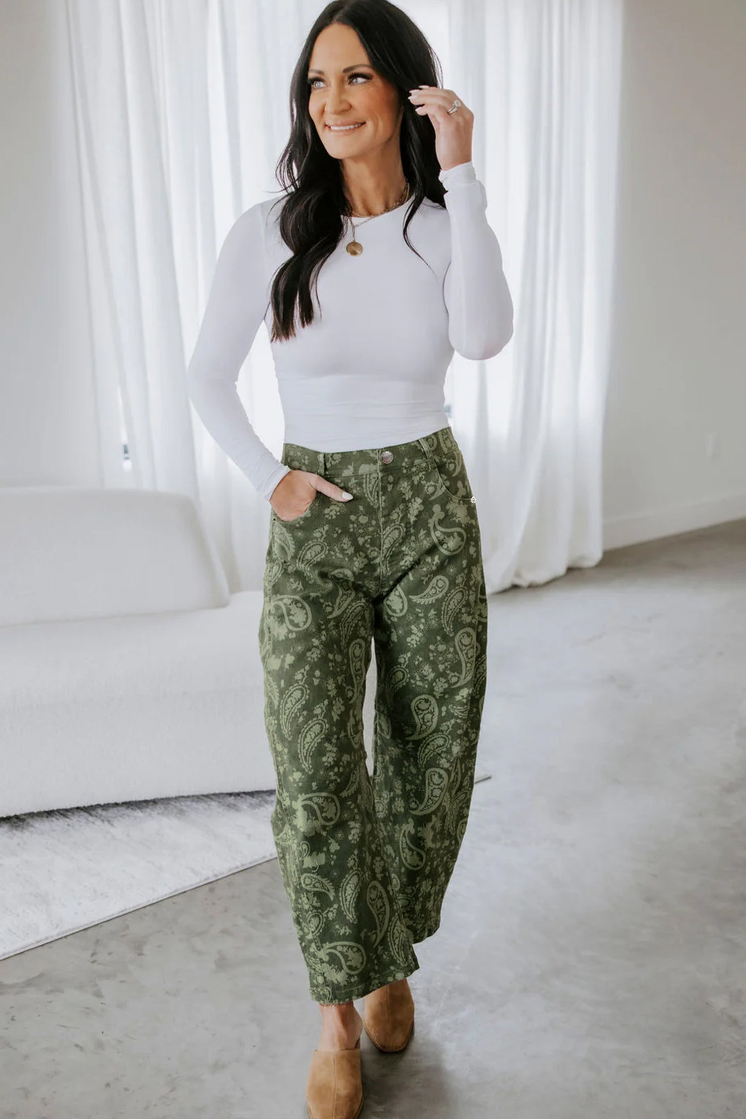 Green Paisley Print Harem Denim Pants-Bottoms/Jeans-[Adult]-[Female]-2022 Online Blue Zone Planet