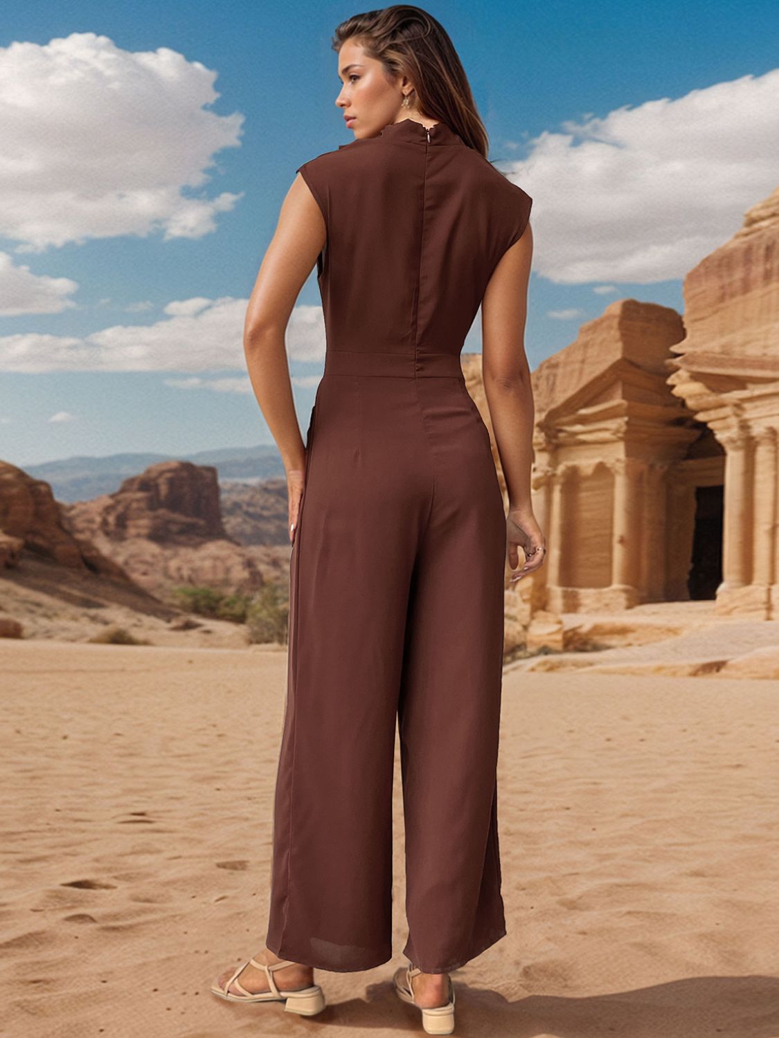 Blue Zone Planet | Ruched Mock Neck Sleeveless Jumpsuit-TOPS / DRESSES-[Adult]-[Female]-2022 Online Blue Zone Planet