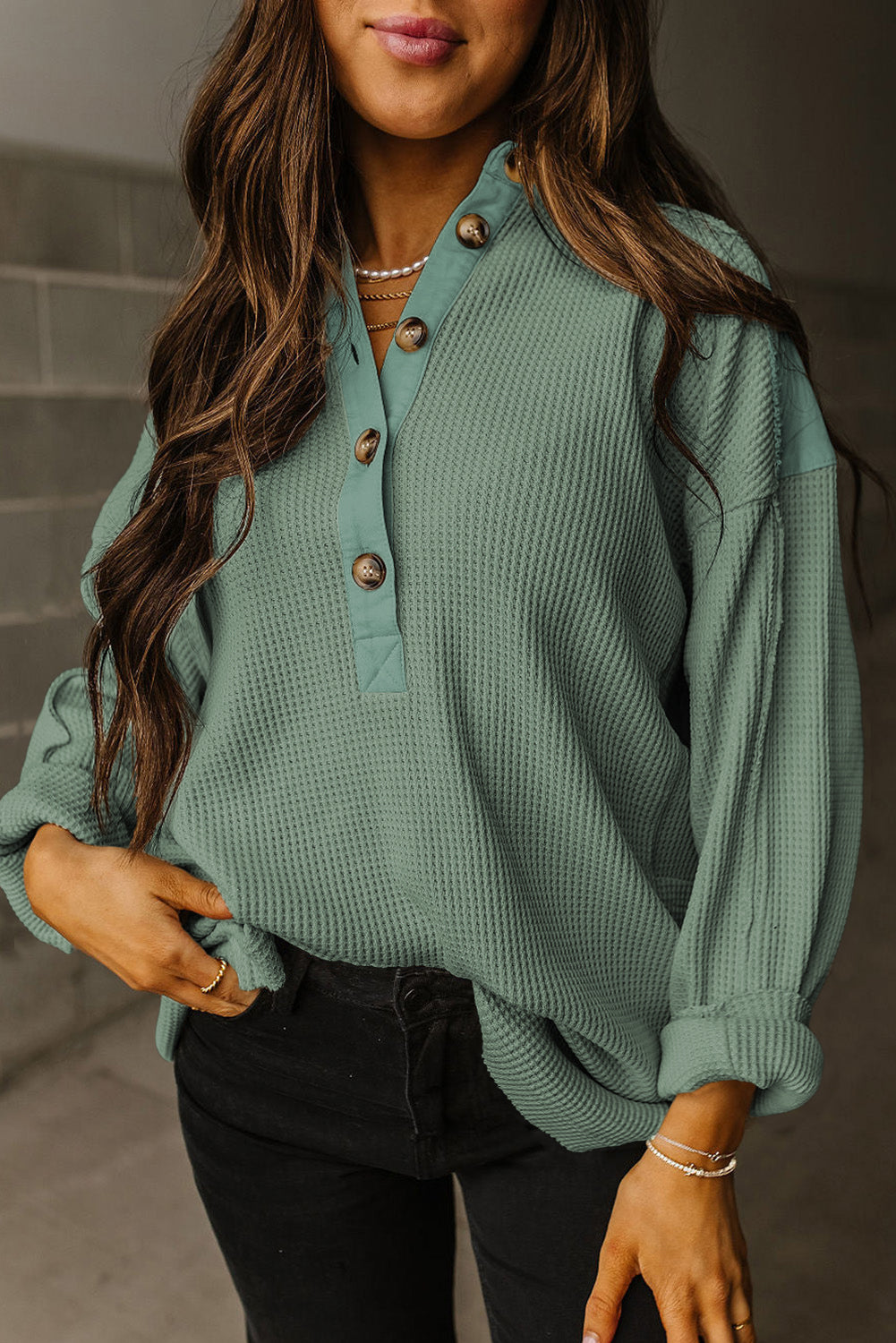 Smoke Green Waffle Long Sleeve Collar Half Button Loose Top-Tops/Long Sleeve Tops-[Adult]-[Female]-Smoke Green-S-2022 Online Blue Zone Planet