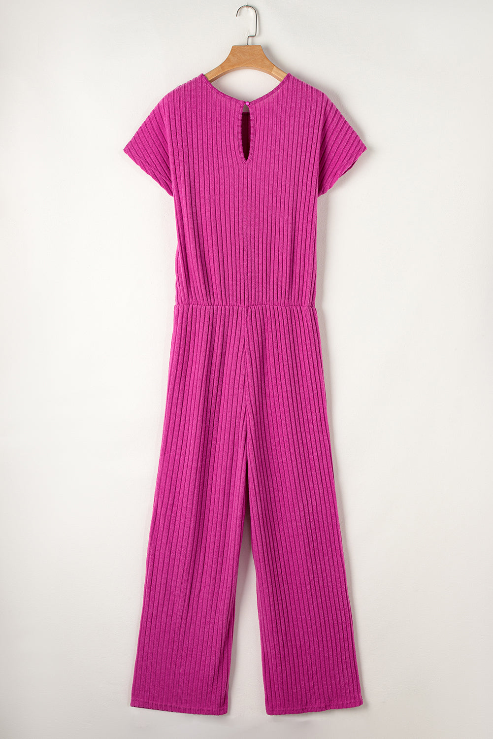 Rose Red Solid Color Ribbed Short Sleeve Wide Leg Jumpsuit Blue Zone Planet