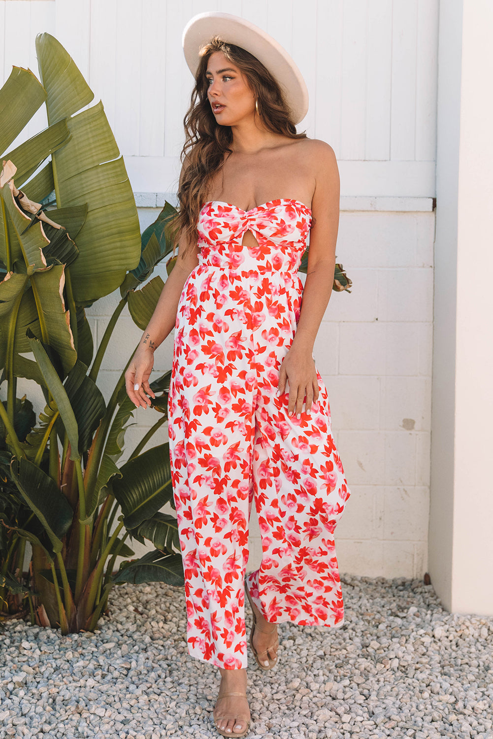 Pink Floral Print Twisted Bandeau Keyhole Pleated Wide Leg Jumpsuit-Bottoms/Jumpsuits & Rompers-[Adult]-[Female]-Pink-S-2022 Online Blue Zone Planet