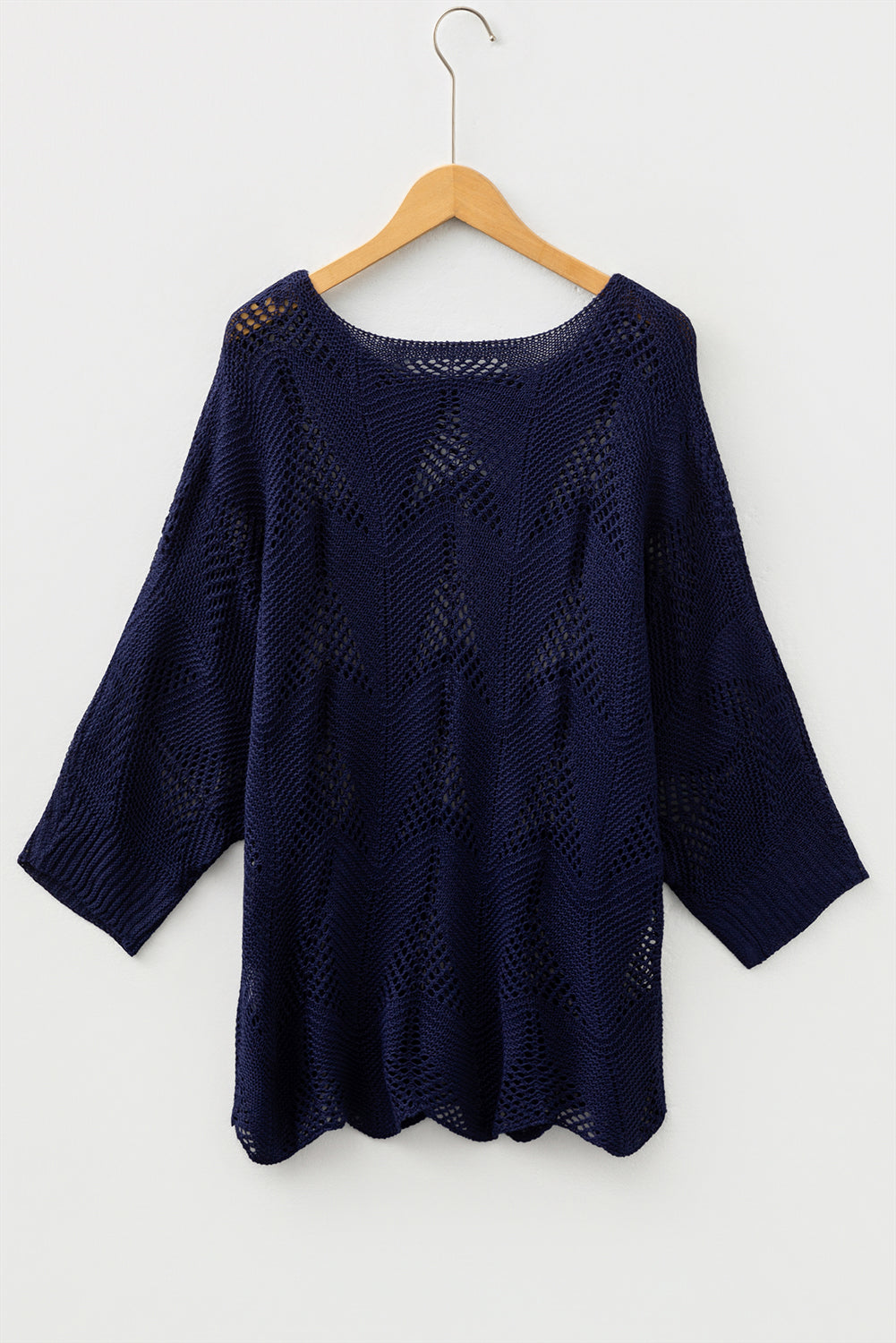 Navy Blue Hollow Out Knit 7/8 Sleeve Casual Sweater-Sweaters & Cardigans/Sweaters-[Adult]-[Female]-2022 Online Blue Zone Planet