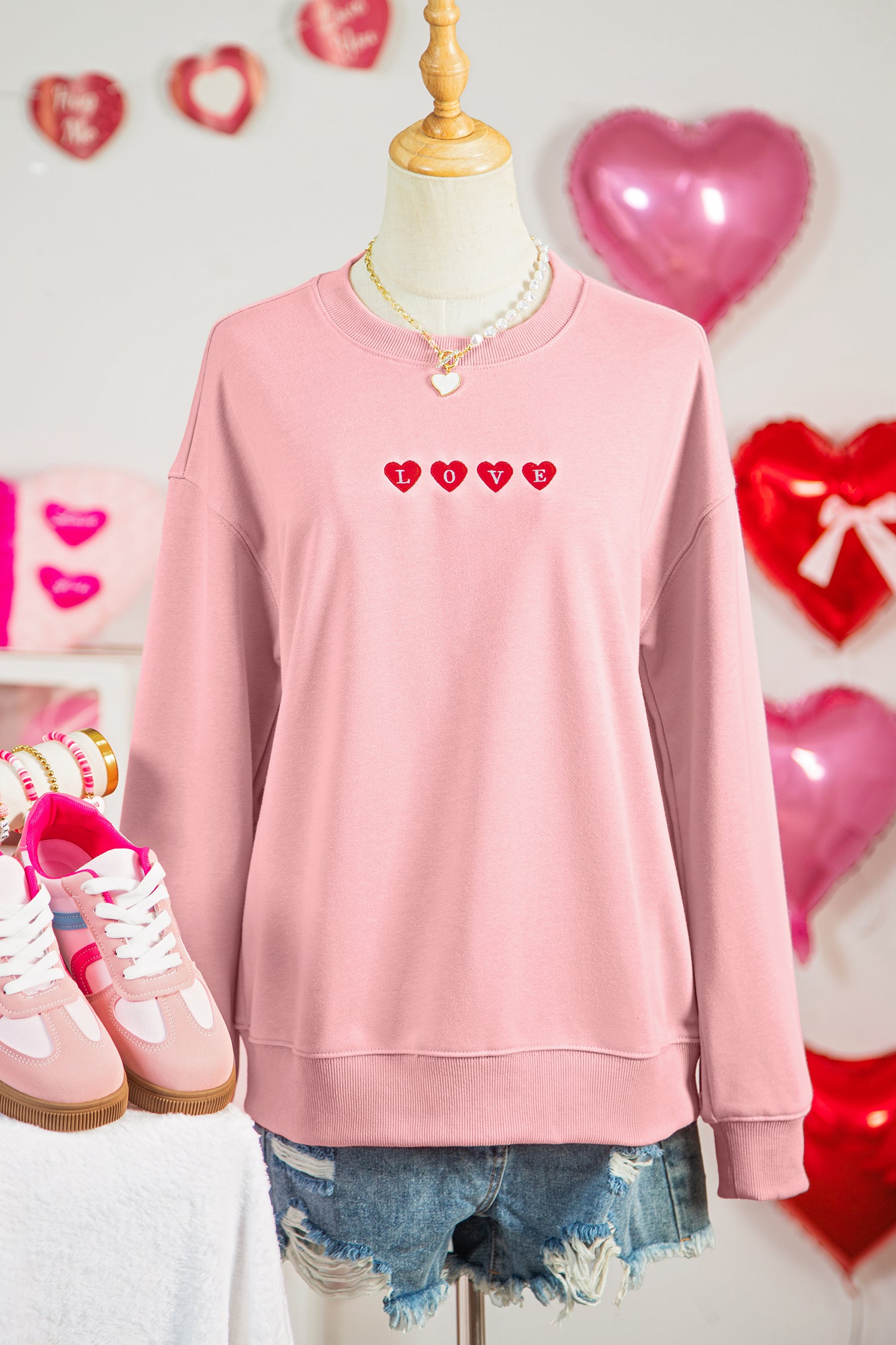 Pink LOVE In Hearts Embroidered Graphic Sweatshirt-Graphic Sweatshirts-[Adult]-[Female]-2022 Online Blue Zone Planet