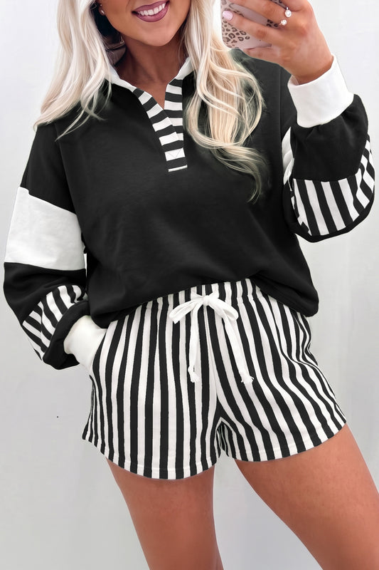Black Striped Color Block Pullover Top Drawstring Shorts Set-Two Piece Sets/Short Sets-[Adult]-[Female]-Black-S-2022 Online Blue Zone Planet