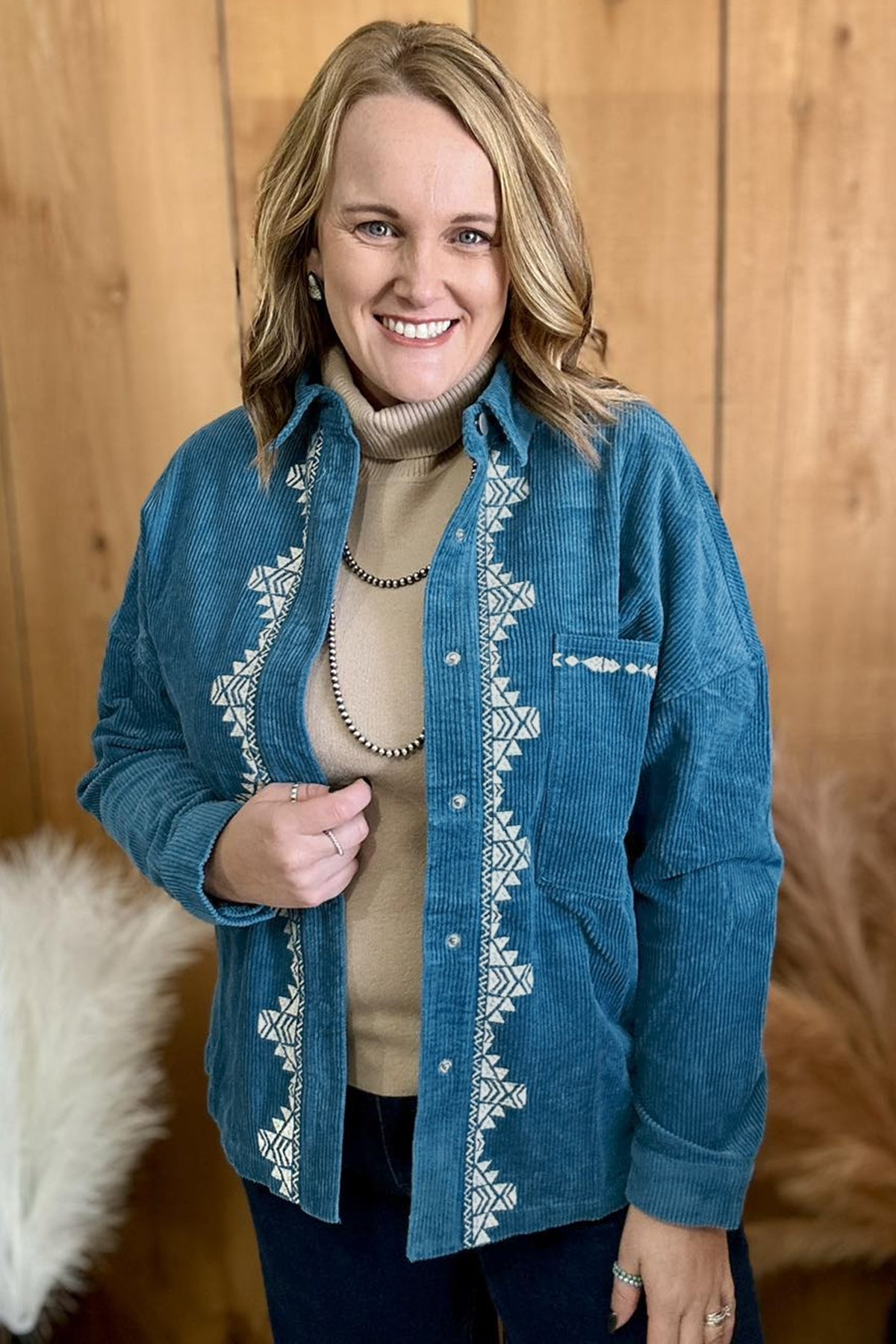 Blue Embroidered Corduroy V-Neck Long Sleeve Plus Size Shirt