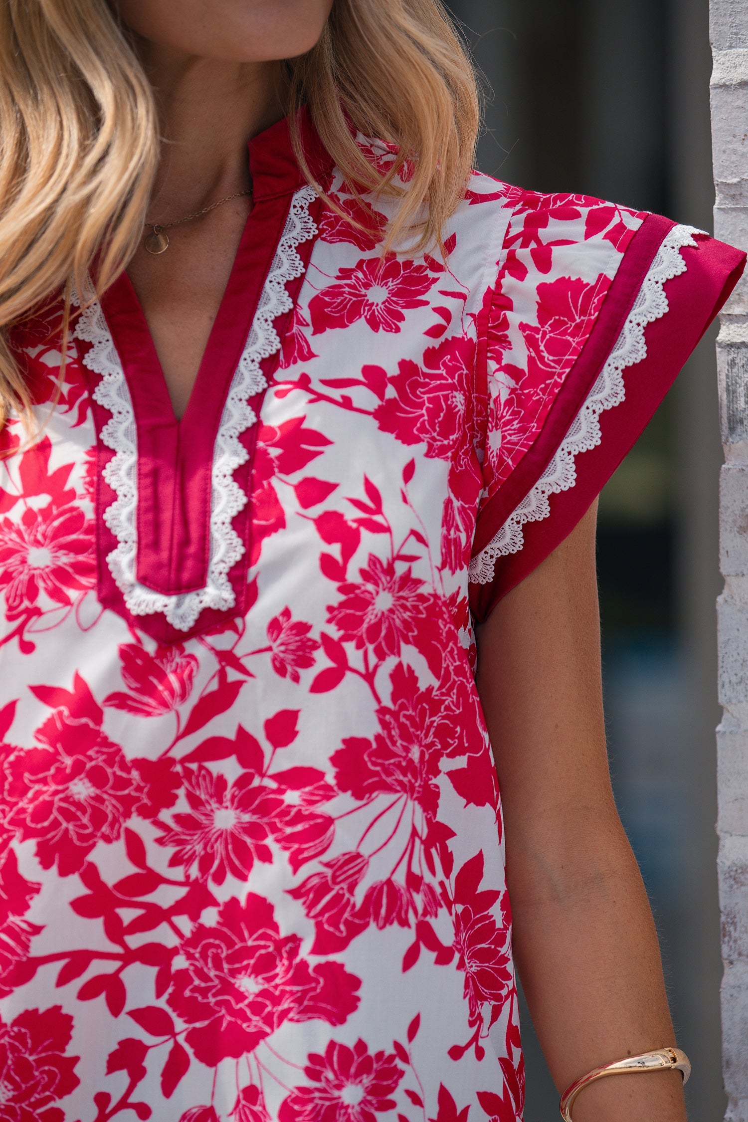 Red Floral Print Color Block Trim Lace Detail V Neck Flutter Sleeve Blouse-Tops/Blouses & Shirts-[Adult]-[Female]-2022 Online Blue Zone Planet