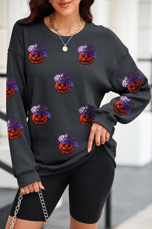 Blue Zone Planet | Sequin Pumpkin Long Sleeve Sweatshirt-TOPS / DRESSES-[Adult]-[Female]-Black-S-2022 Online Blue Zone Planet