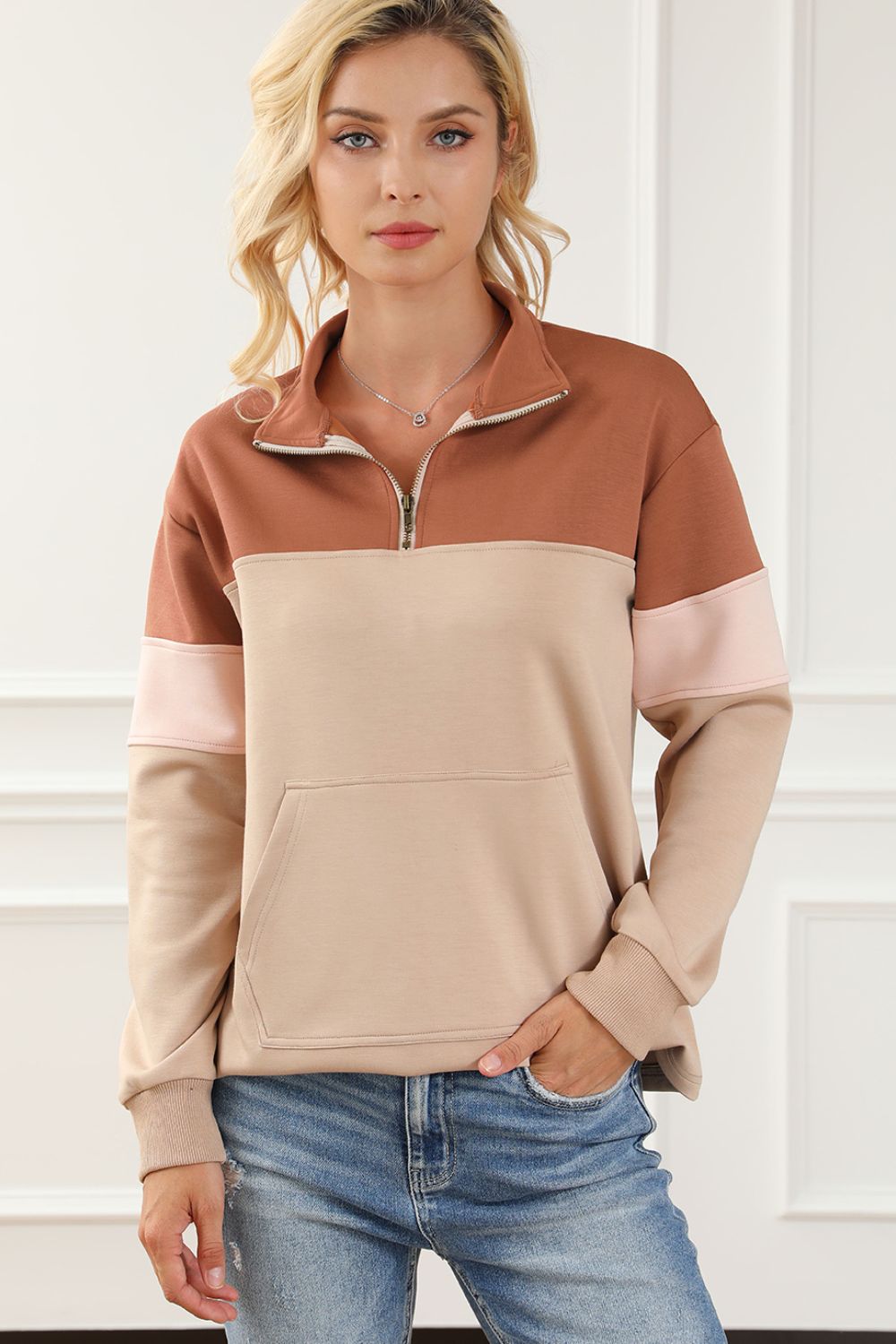 Color Block Quarter Zip Long Sleeve Sweatshirt-TOPS / DRESSES-[Adult]-[Female]-Khaki-S-2022 Online Blue Zone Planet