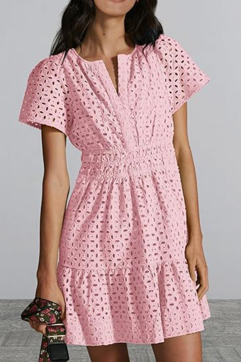 Blue Zone Planet | Eyelet Notched Short Sleeve Mini Dress-TOPS / DRESSES-[Adult]-[Female]-Blush Pink-S-2022 Online Blue Zone Planet