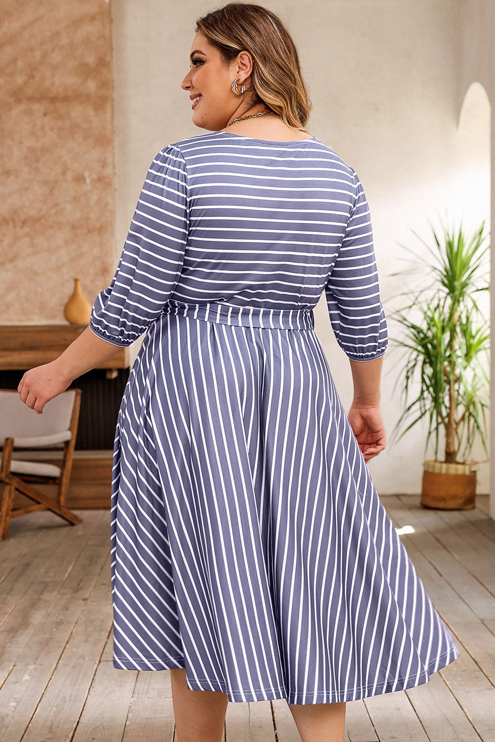 Gray Striped Tie Waist 3/4 Sleeve Plus Size Dress-TOPS / DRESSES-[Adult]-[Female]-2022 Online Blue Zone Planet