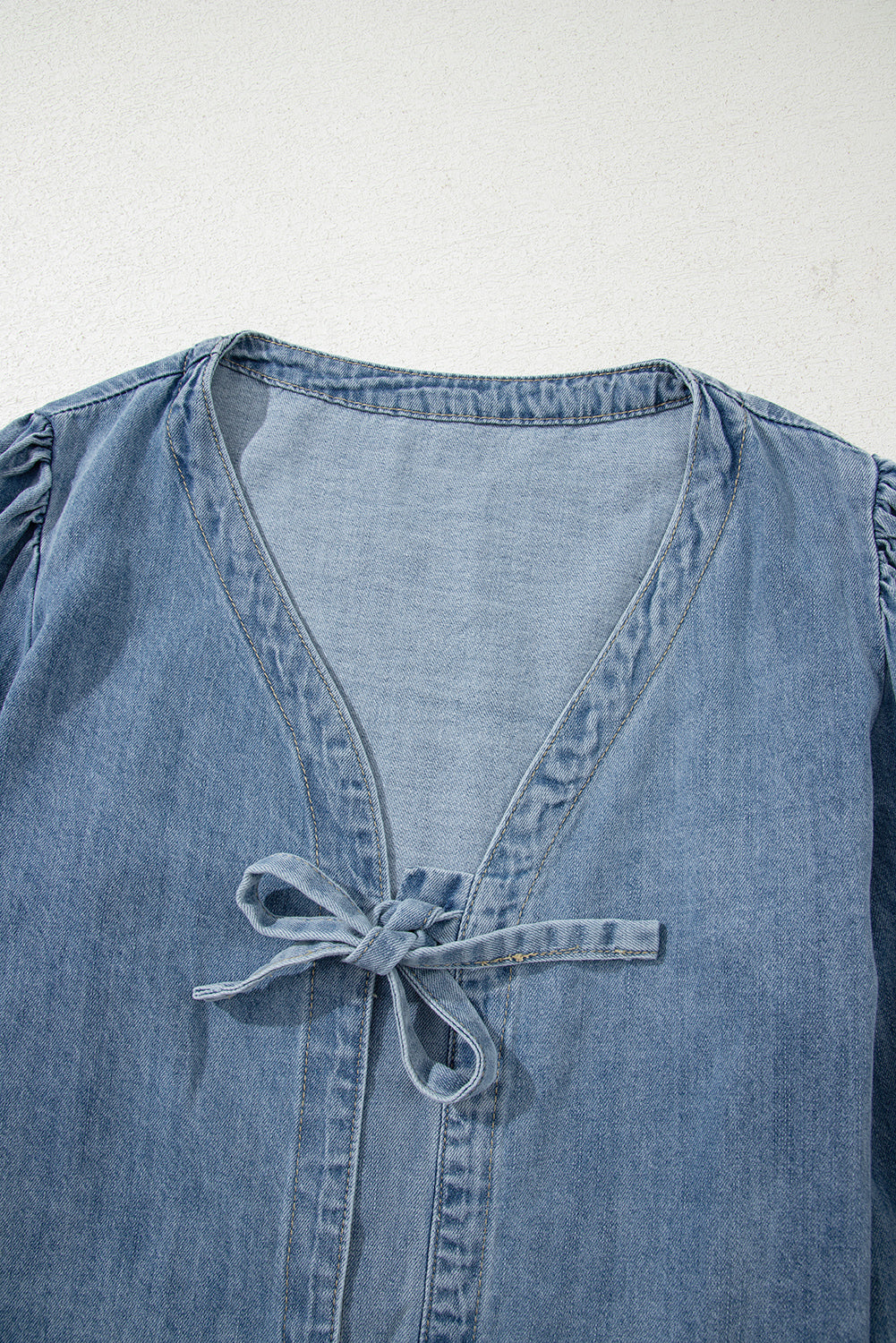 Dusk Blue Tied Front Long Puff Sleeve Denim Top-Tops/Blouses & Shirts-[Adult]-[Female]-2022 Online Blue Zone Planet