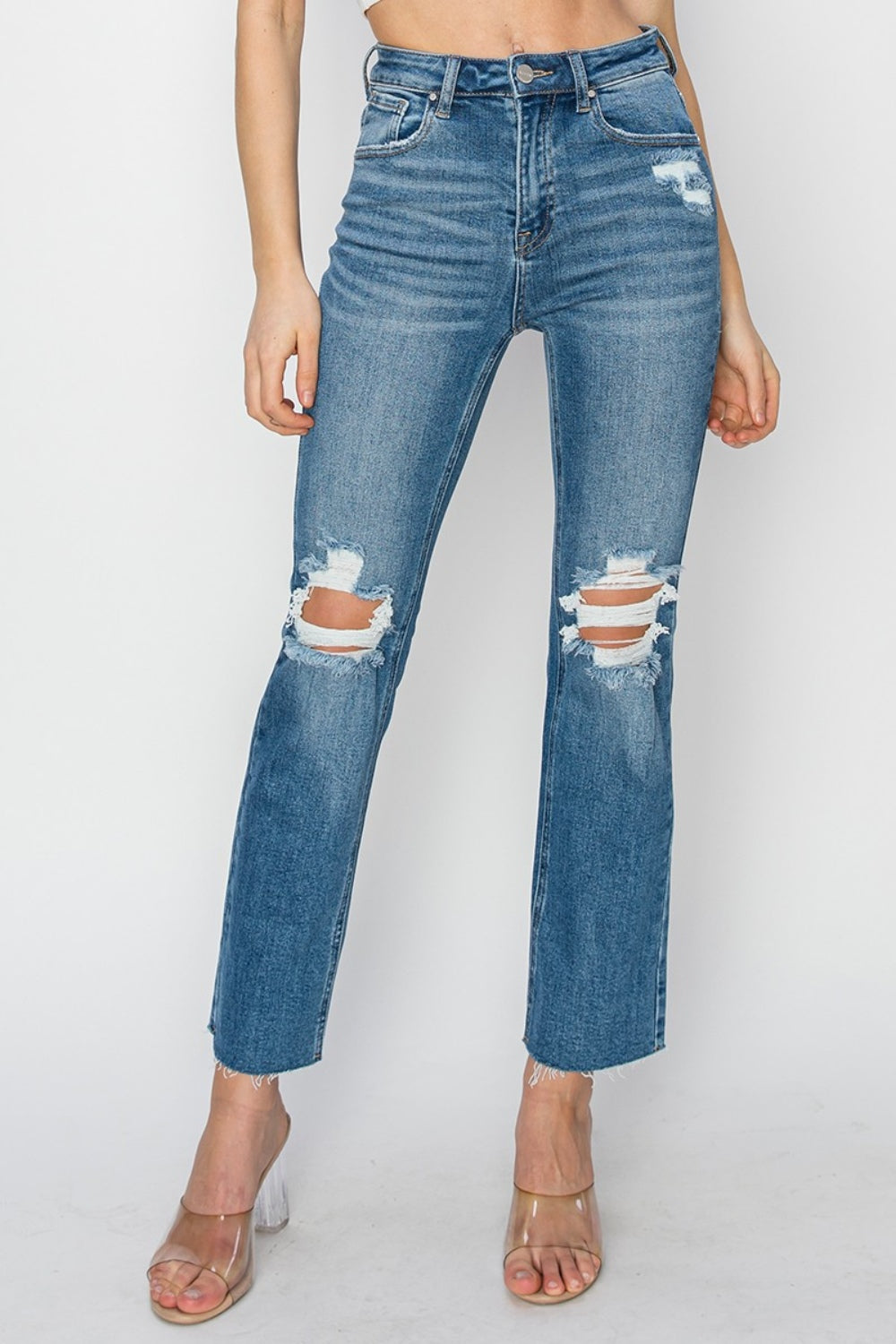 RISEN High Rise Distressed Ankle Jeans-BOTTOMS SIZES SMALL MEDIUM LARGE-[Adult]-[Female]-Medium-0(24)-2022 Online Blue Zone Planet