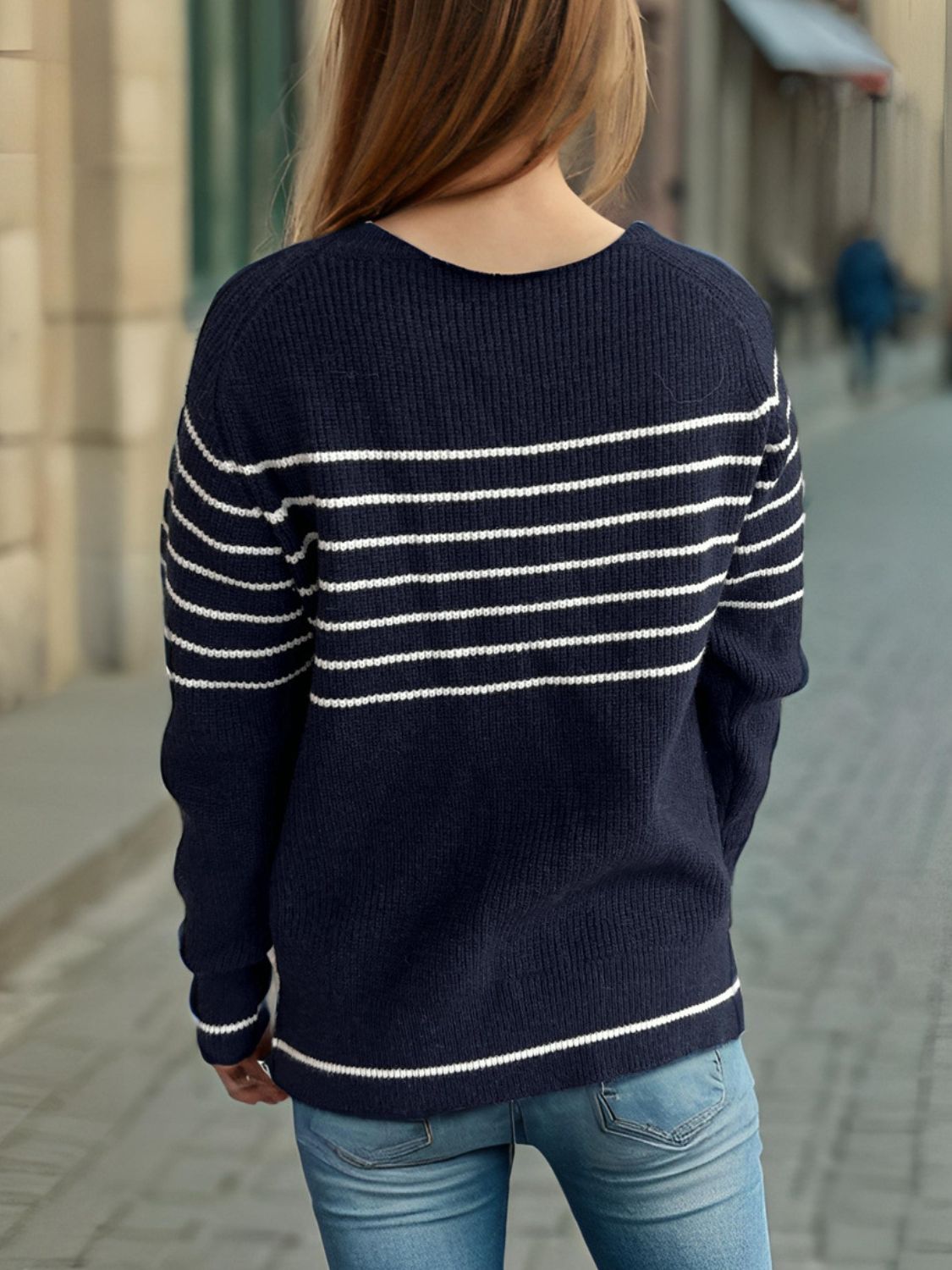 Striped Round Neck Long Sleeve Sweater-TOPS / DRESSES-[Adult]-[Female]-2022 Online Blue Zone Planet