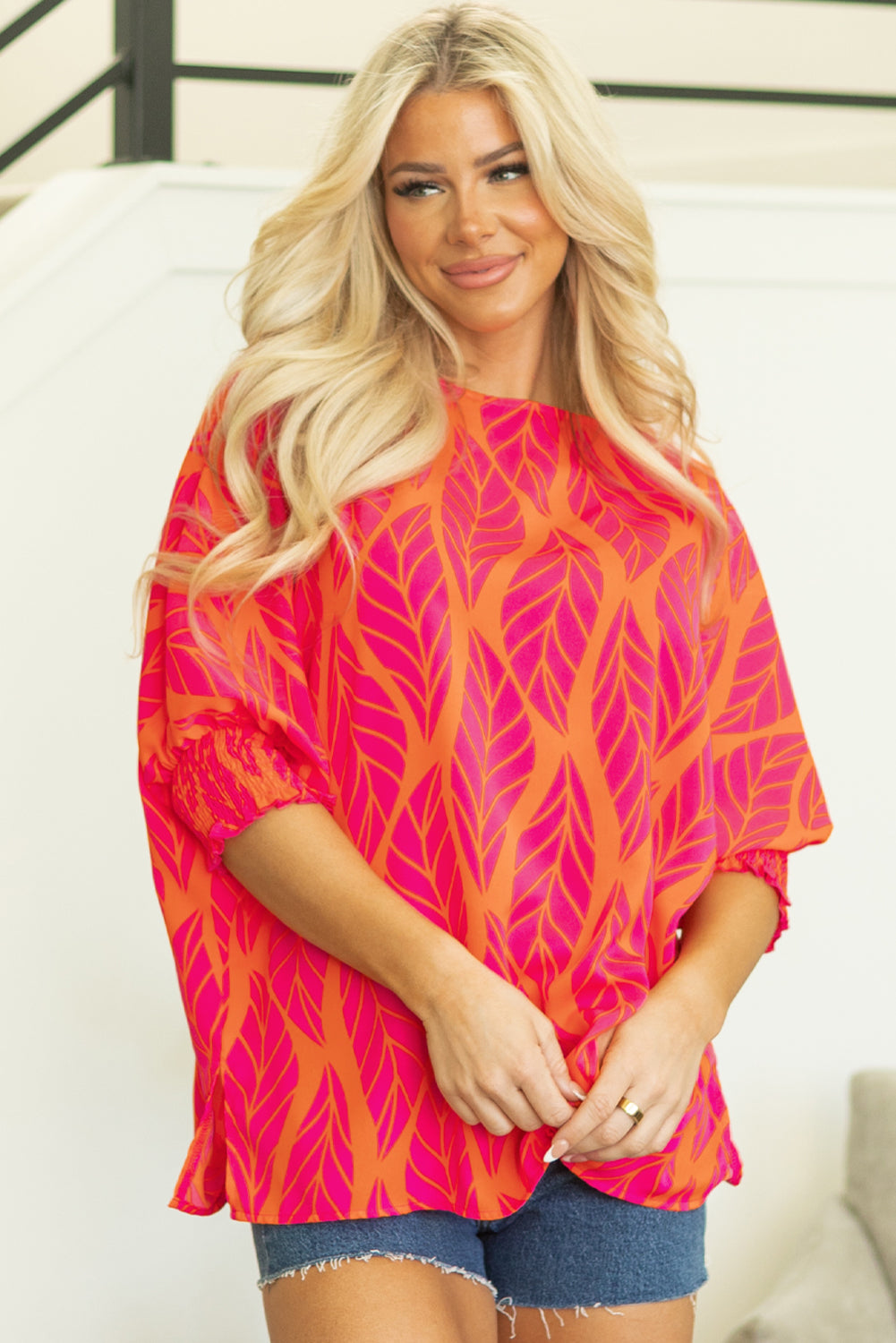 Blue Zone Planet | Rose Tropical Leaf Print Smocked Puff Sleeve Blouse-Tops/Blouses & Shirts-[Adult]-[Female]-2022 Online Blue Zone Planet