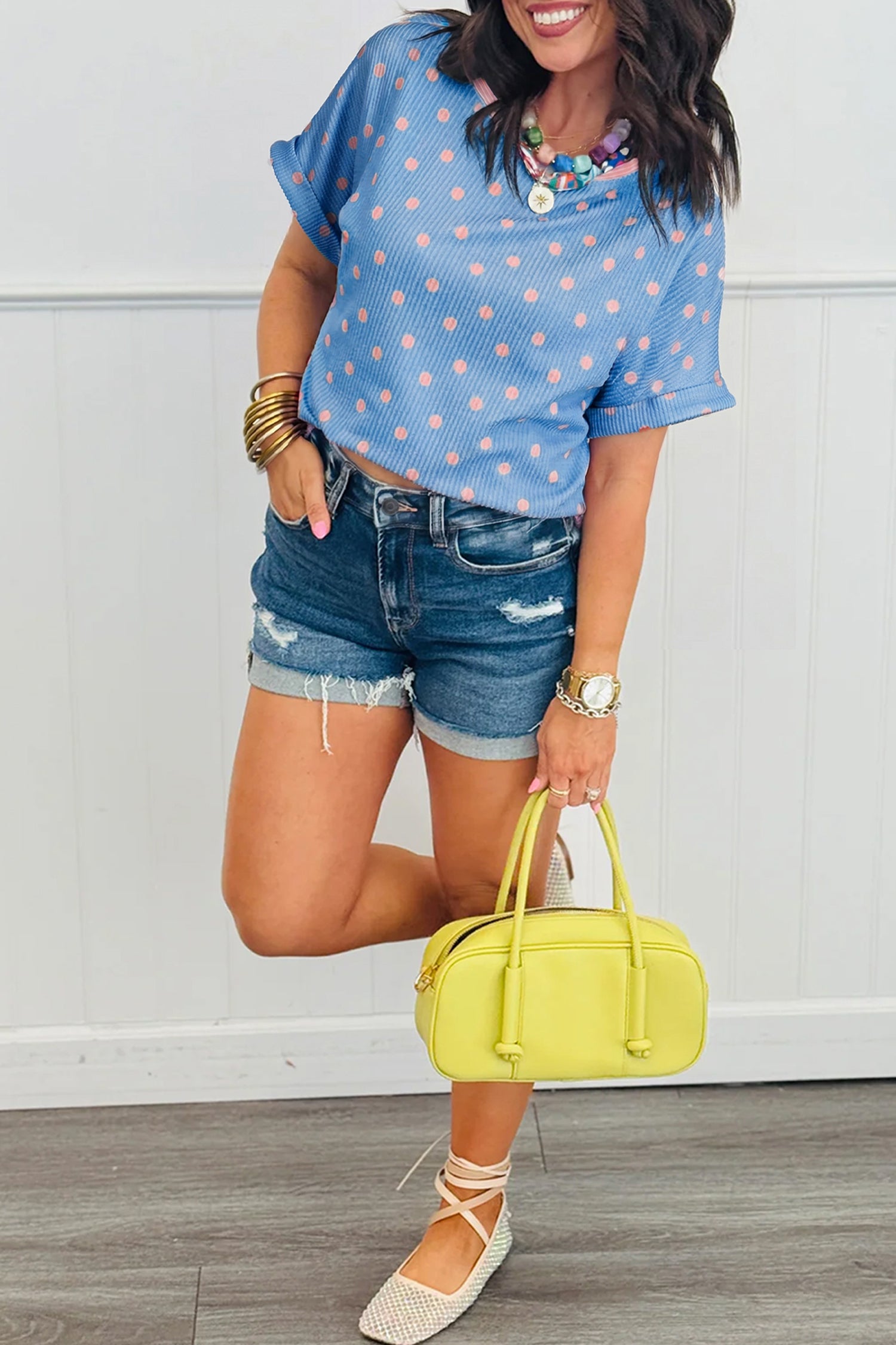 Sky Blue Raised Rib Polka Dot Print Cuffed Short Sleeve Top-Tops/Tops & Tees-[Adult]-[Female]-2022 Online Blue Zone Planet
