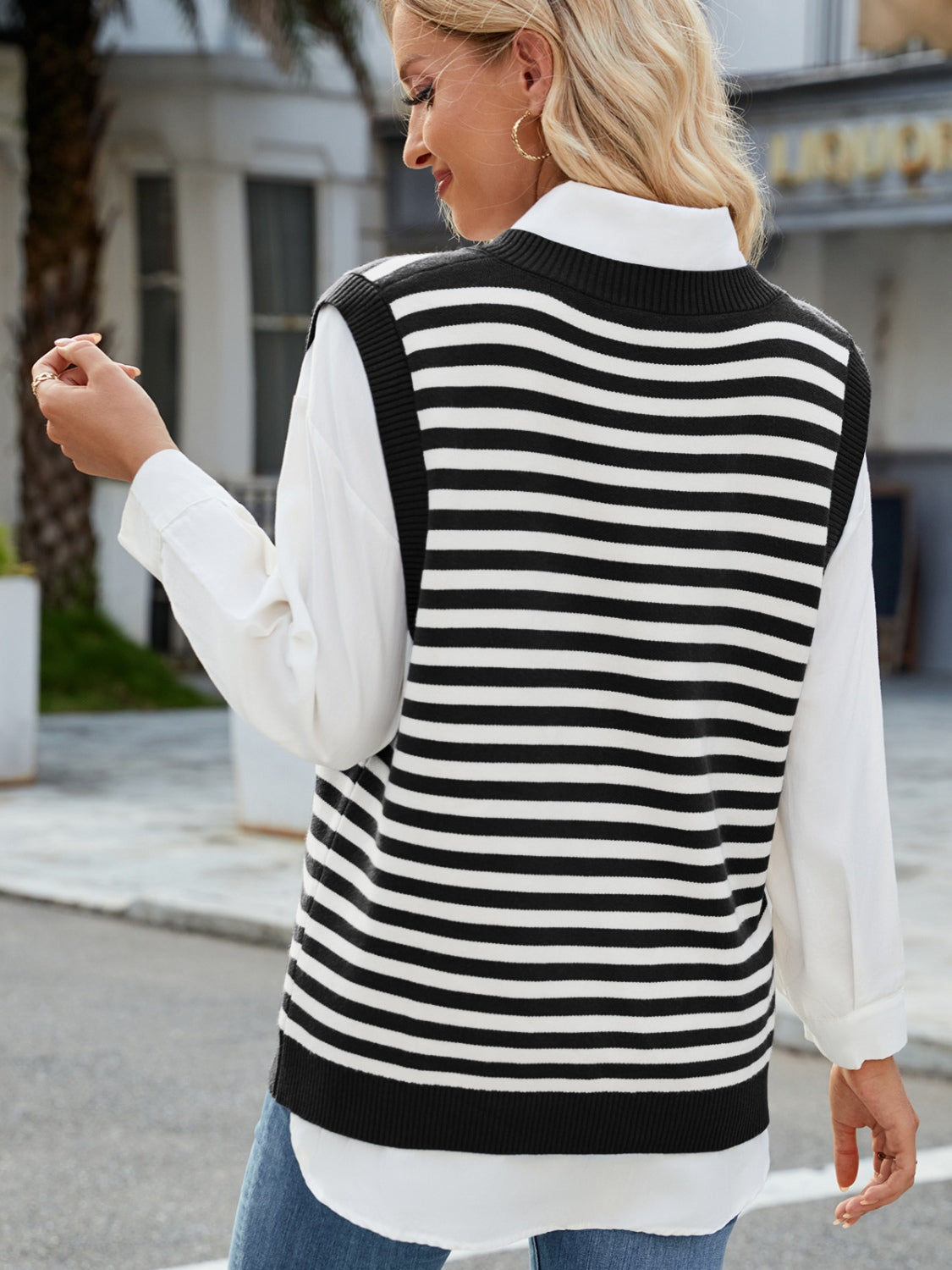 Slit V-Neck Striped Sweater Vest-TOPS / DRESSES-[Adult]-[Female]-2022 Online Blue Zone Planet