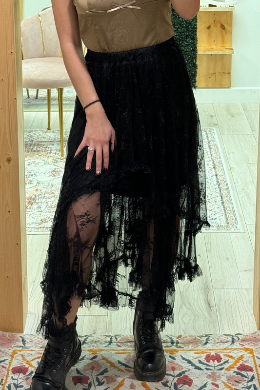 Black Lace Cascading Tiered High Waist Maxi Skirt-Bottoms/Skirts & Petticoat-[Adult]-[Female]-Black-S-2022 Online Blue Zone Planet