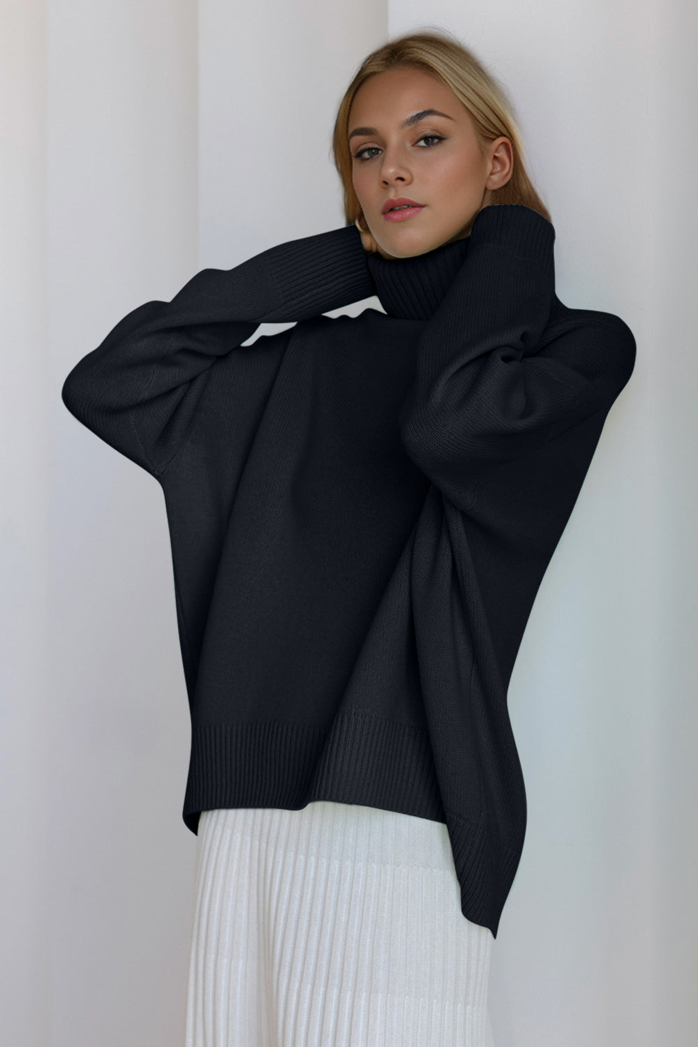 Basic Bae Turtleneck Dropped Shoulder Long Sleeve Sweater-TOPS / DRESSES-[Adult]-[Female]-Black-One Size-2022 Online Blue Zone Planet