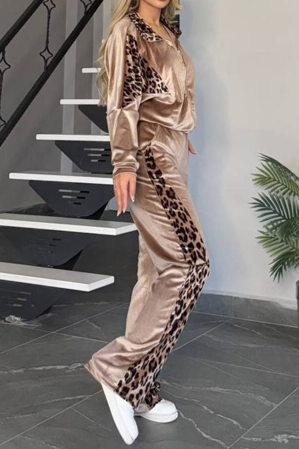 Full Size Collared Neck Leopard Zip Up Top and Pants Set Plus Size-TOPS / DRESSES-[Adult]-[Female]-2022 Online Blue Zone Planet