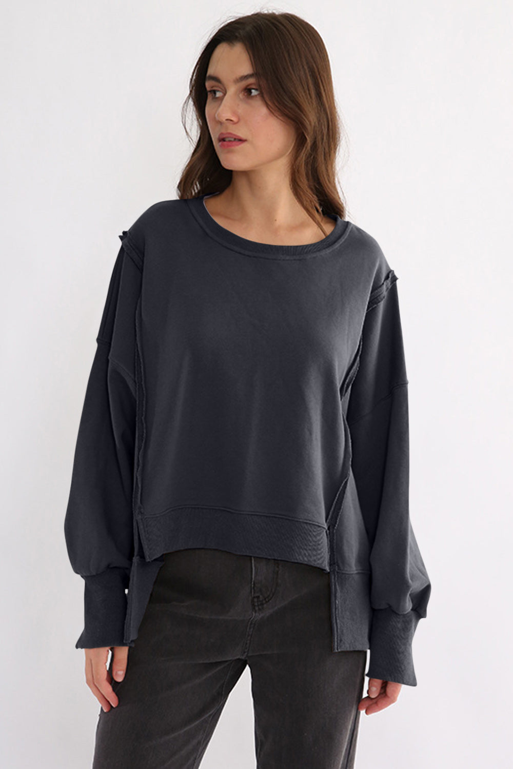 Exposed Seam High-Low Long Sleeve Sweatshirt-TOPS / DRESSES-[Adult]-[Female]-2022 Online Blue Zone Planet