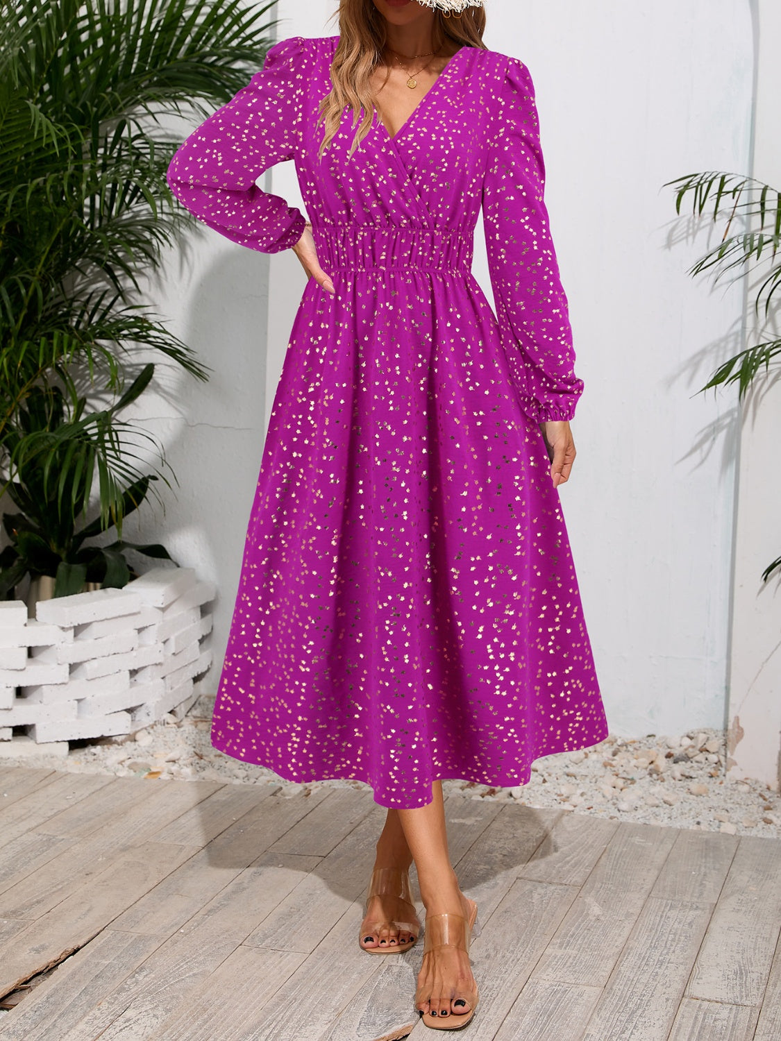 Printed Surplice Long Sleeve Midi Dress-TOPS / DRESSES-[Adult]-[Female]-2022 Online Blue Zone Planet