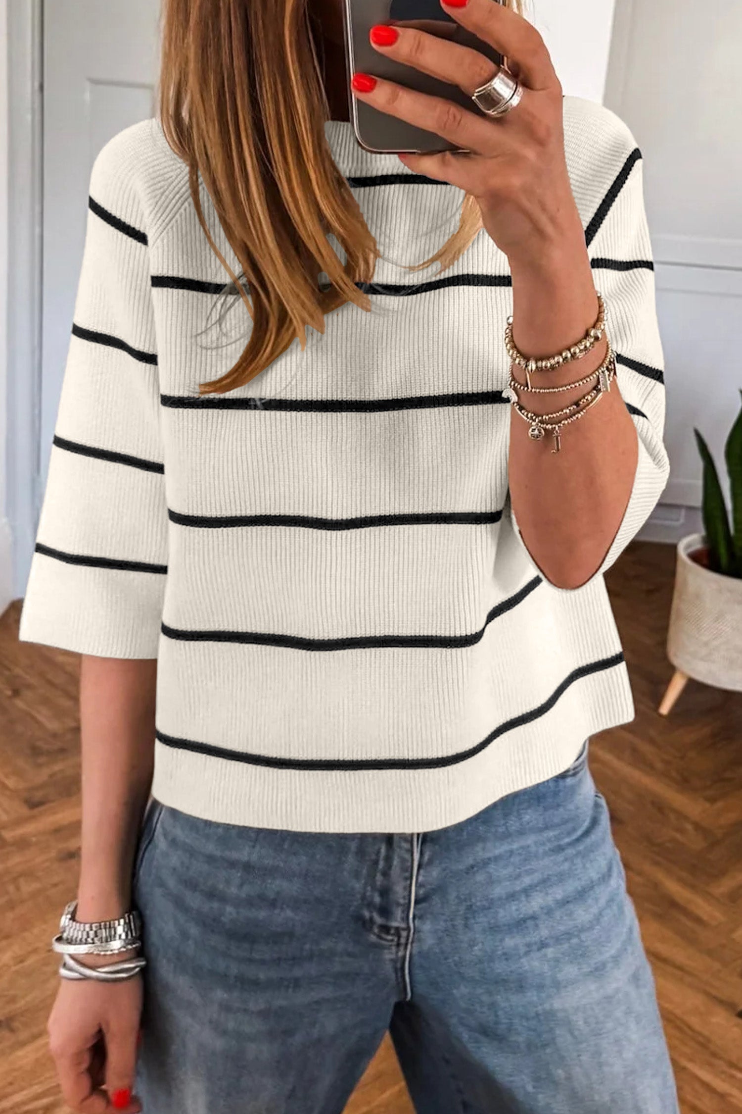 White Stripe Ribbed Knit Half Sleeve Loose Sweater Tee-Sweaters & Cardigans/Short Sleeve Sweaters-[Adult]-[Female]-White Stripe-S-2022 Online Blue Zone Planet