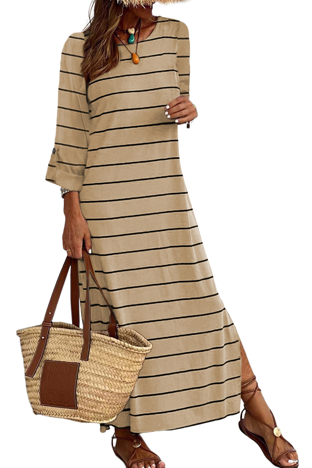 Blue Zone Planet | Apricot Striped Casual Slit Long Dress-TOPS / DRESSES-[Adult]-[Female]-2022 Online Blue Zone Planet