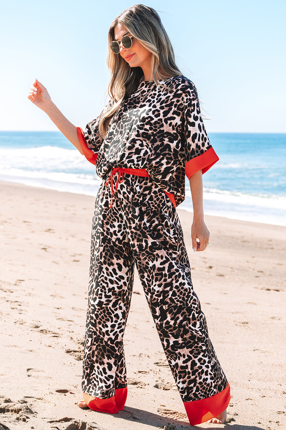 Brown Animal Print Color Contrast Edge Loose Fit Pants Set-Two Piece Sets/Pant Sets-[Adult]-[Female]-2022 Online Blue Zone Planet