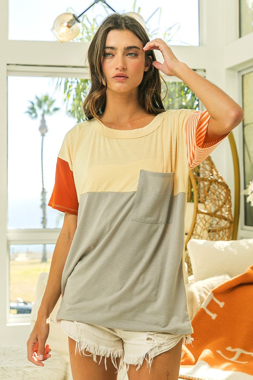 BiBi Color Block Short Sleeve T-Shirt-TOPS / DRESSES-[Adult]-[Female]-2022 Online Blue Zone Planet