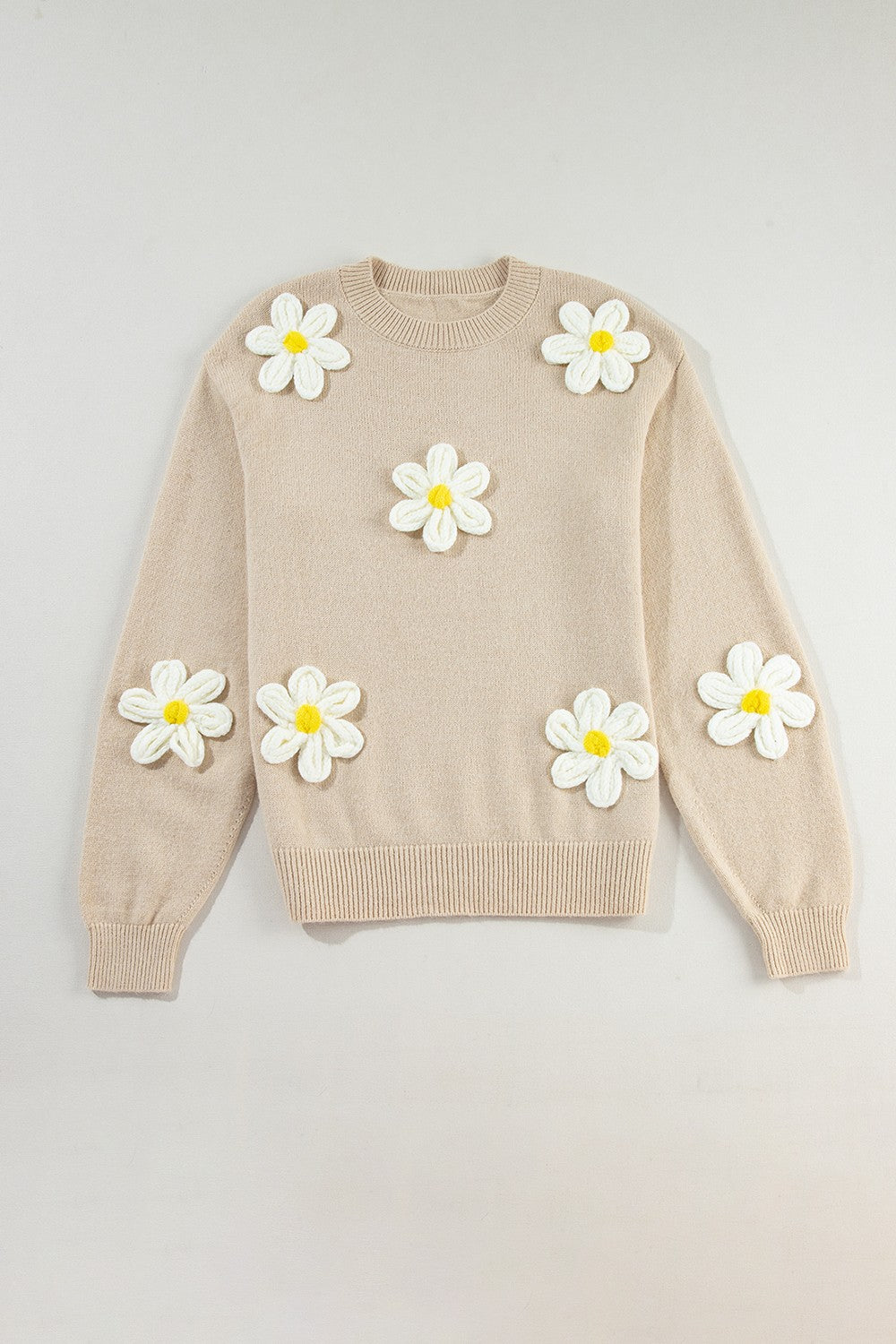 Crochet Flower Round Neck Long Sleeve Sweater-TOPS / DRESSES-[Adult]-[Female]-Tan-S-2022 Online Blue Zone Planet