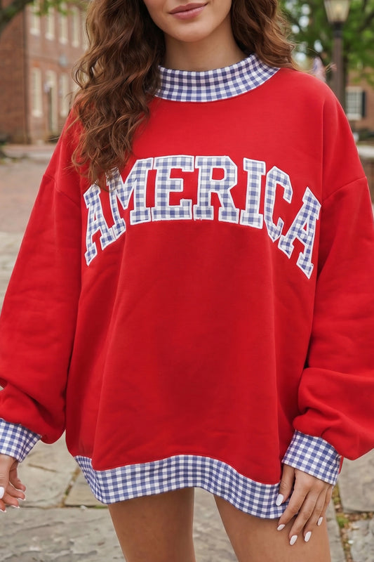 Red Plaid Trim High Neck AMERICA/ USA Letter Graphic Baggy Sweatshirt-Tops/Sweatshirts & Hoodies-[Adult]-[Female]-Fiery Red-S-2022 Online Blue Zone Planet