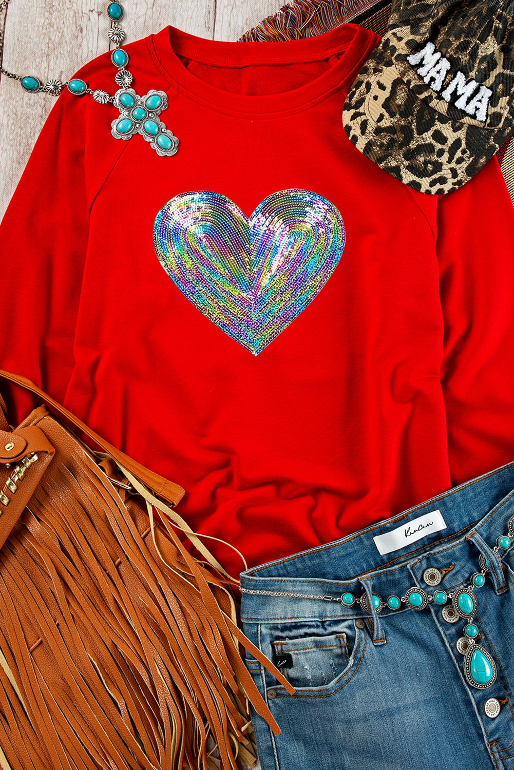 Blue Zone Planet | Red Bold Sequin Heart Crewneck Valentines Pullover Sweatshirt-Graphic Sweatshirts-[Adult]-[Female]-2022 Online Blue Zone Planet